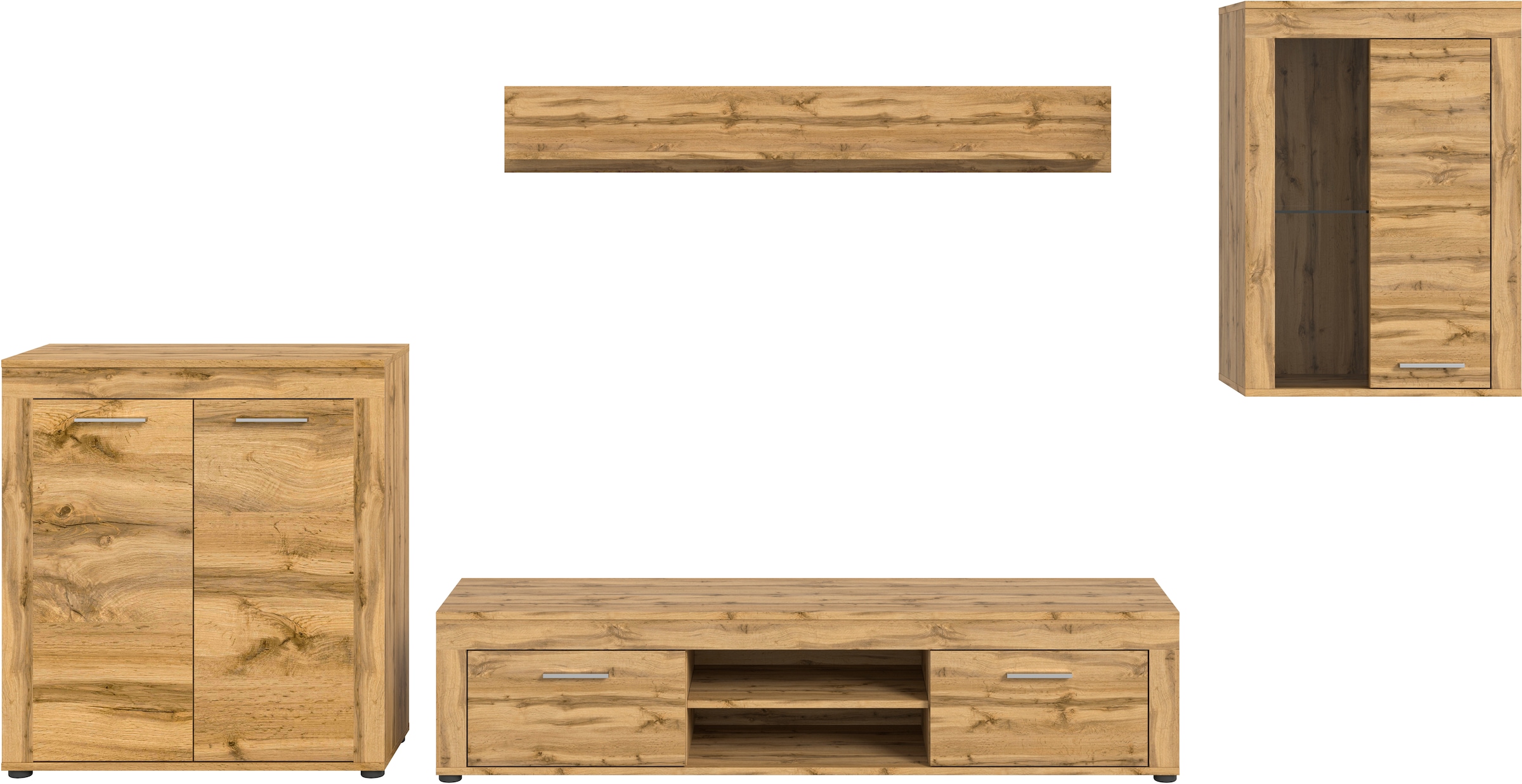 INOSIGN Wohnwand »Aosta, 4-tlg., best. aus: Highboard, Lowboard, Wandboard & Vitrine«, (4 St.), Wohnwand, Kombination, Anbauwand, Möbel Set, Schrankwand, Möbel Kombi