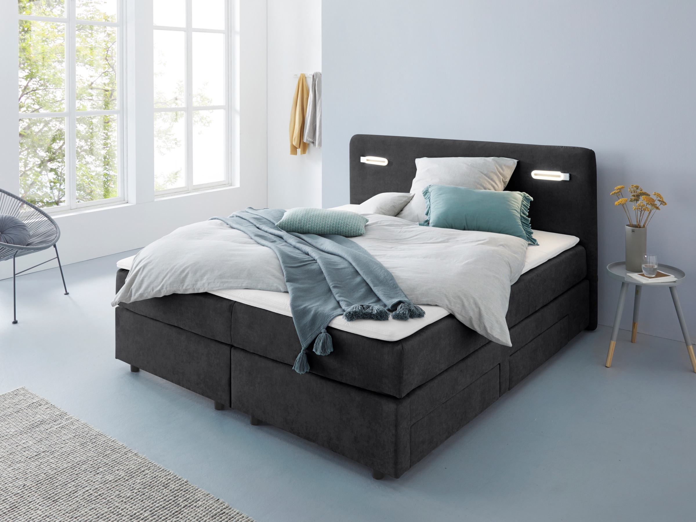 Image of Home affaire "LUAN, Stauraumbett mit Schubkästen & Taschenfederkernmatratze H2-H4" Schubkästen, LED-Beleuchtung und Topper, in Breite 120 cm und 180 cm
