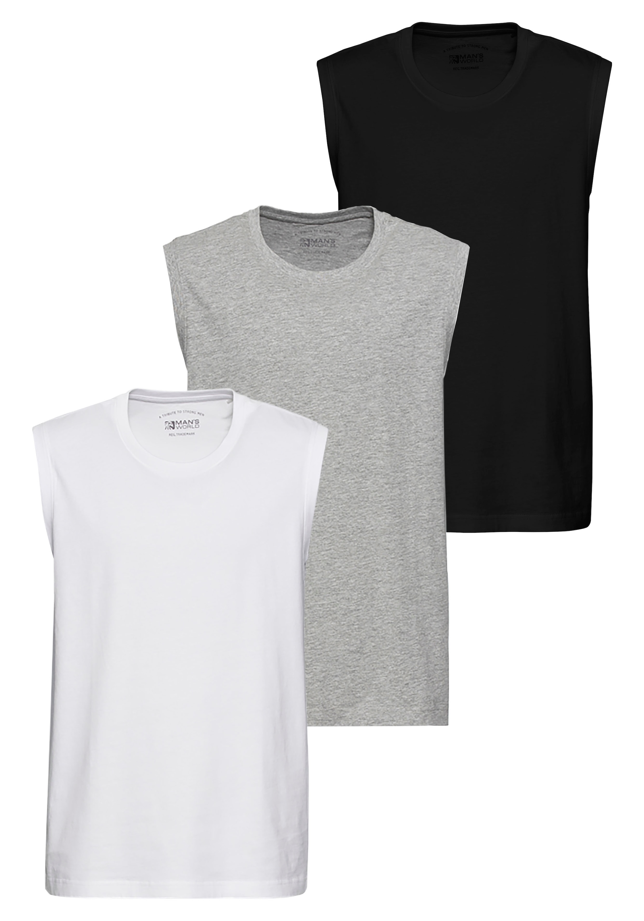 Image of Mans World Muscleshirt Packung, 3er-Pack, 3 Stk. ärmellos, Basic-Stil, unifarben, Rundhalsausschnitt