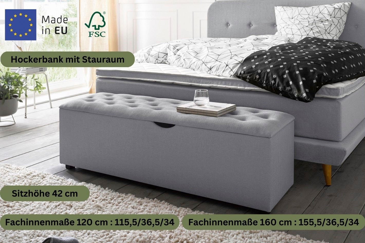 PLACES OF STYLE Banc à tabouret »Knobbed« Hockerbank mit Stauraum, Breite 120 cm und 160 cm