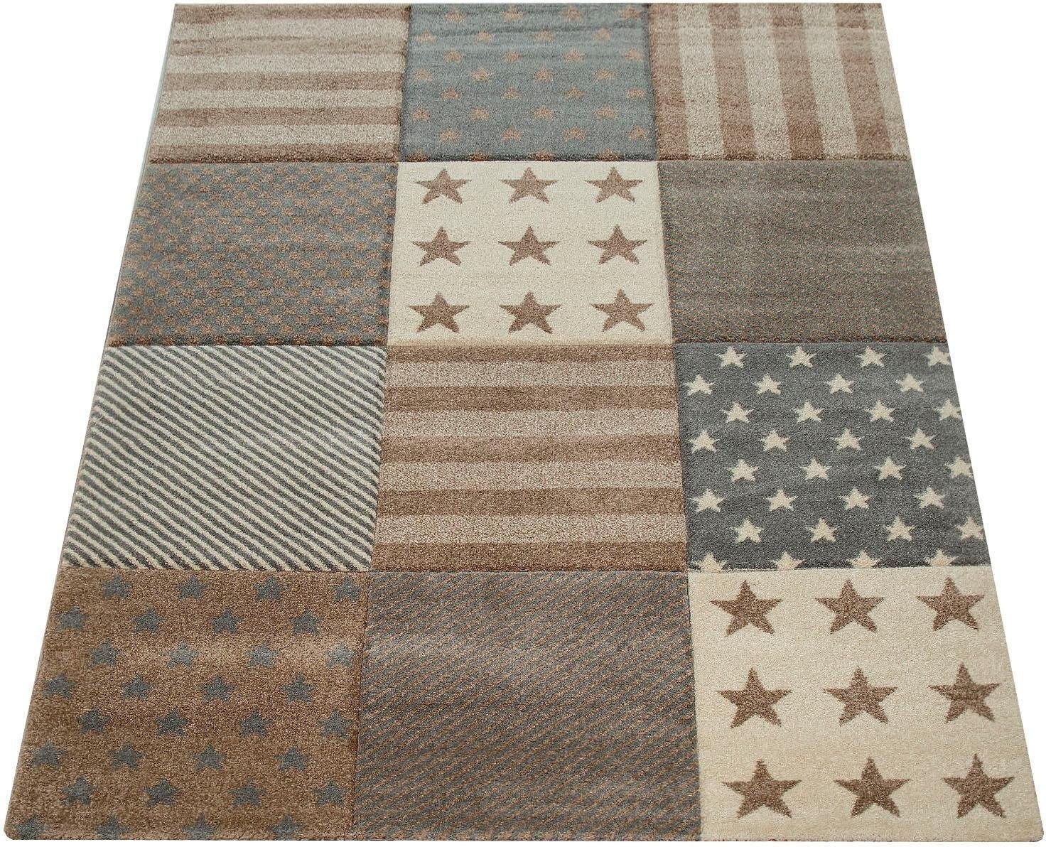 Image of Paco Home Kinderteppich »Diamond 777«, rechteckig, 18 mm Höhe, 3D-Design, Patchwork Muster, Motiv Streifen & Sterne, Pastell-Farben, Kinderzimmer bei Ackermann Versand Schweiz