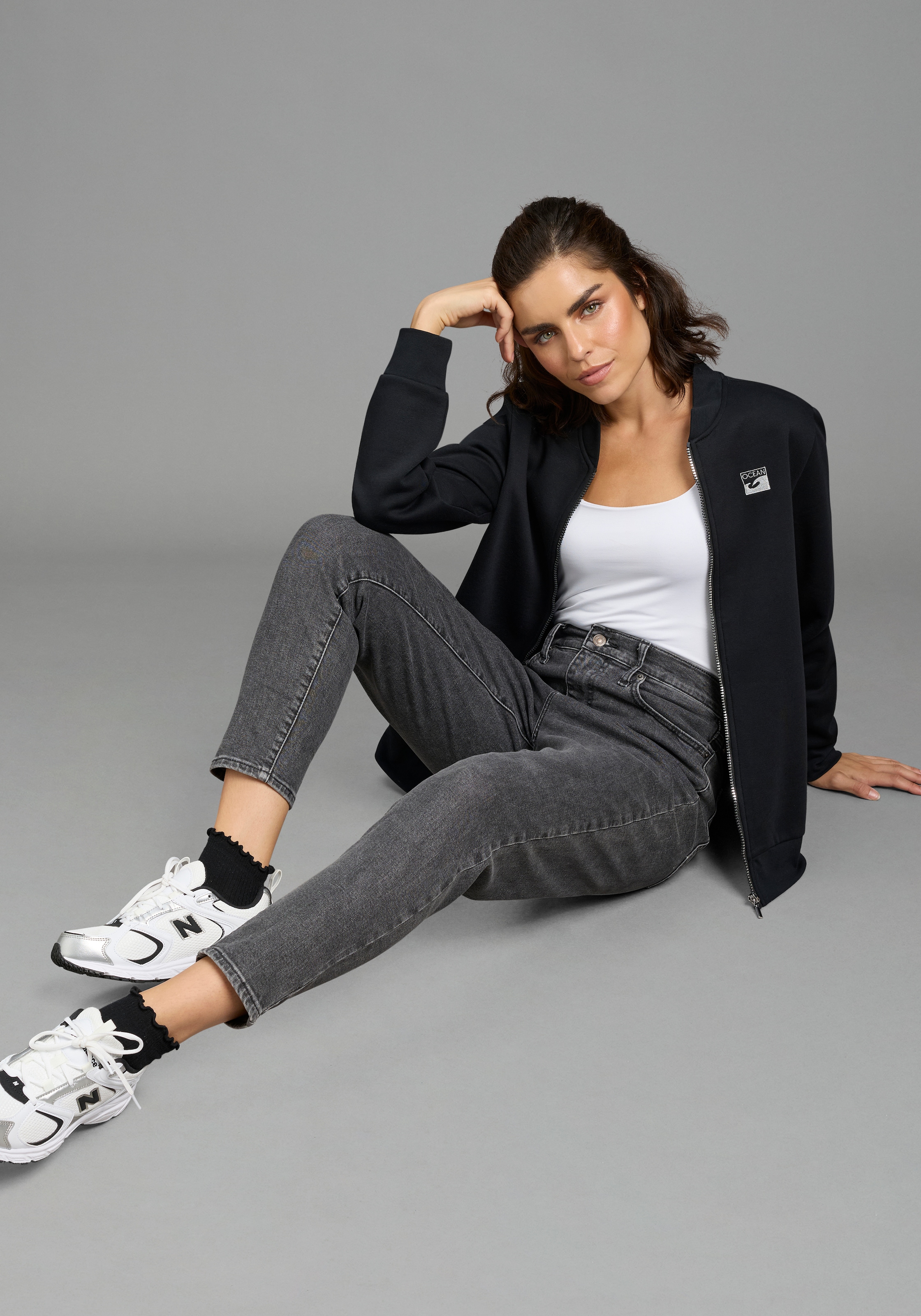 Laura Scott Veste sweat 1 en forme de blouson en tissu sweat douillet, fermeture éclair brillante