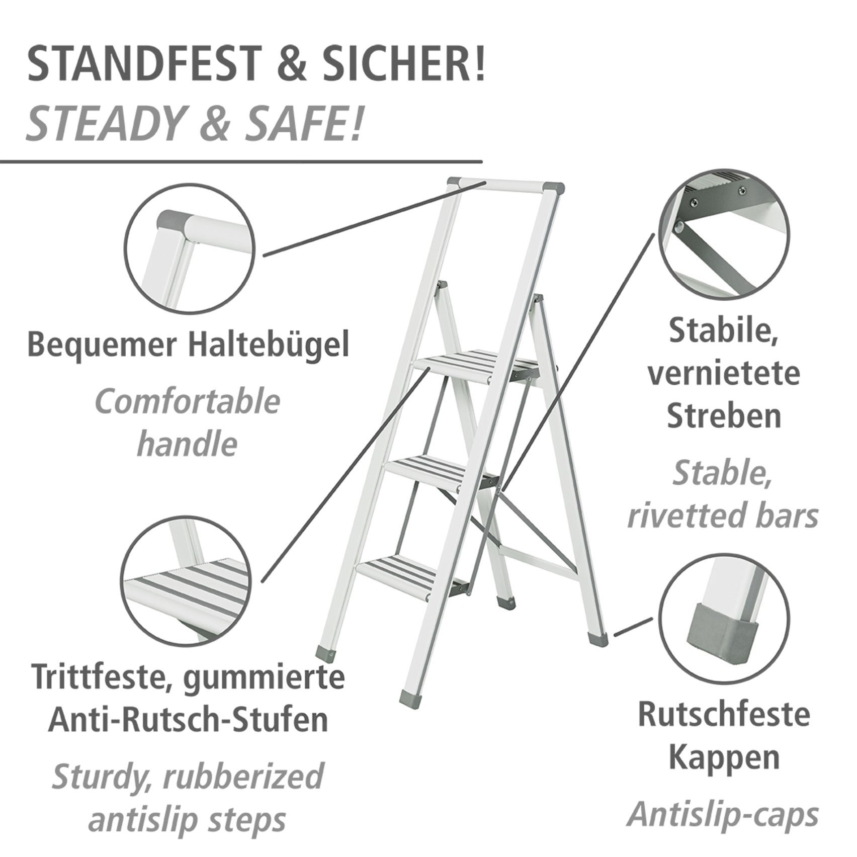 WENKO Trittleiter »Modell Alu-Design«, Klapptritt Leiter, rutschsichere XXL-Stufen, klappbar, bis 150 kg