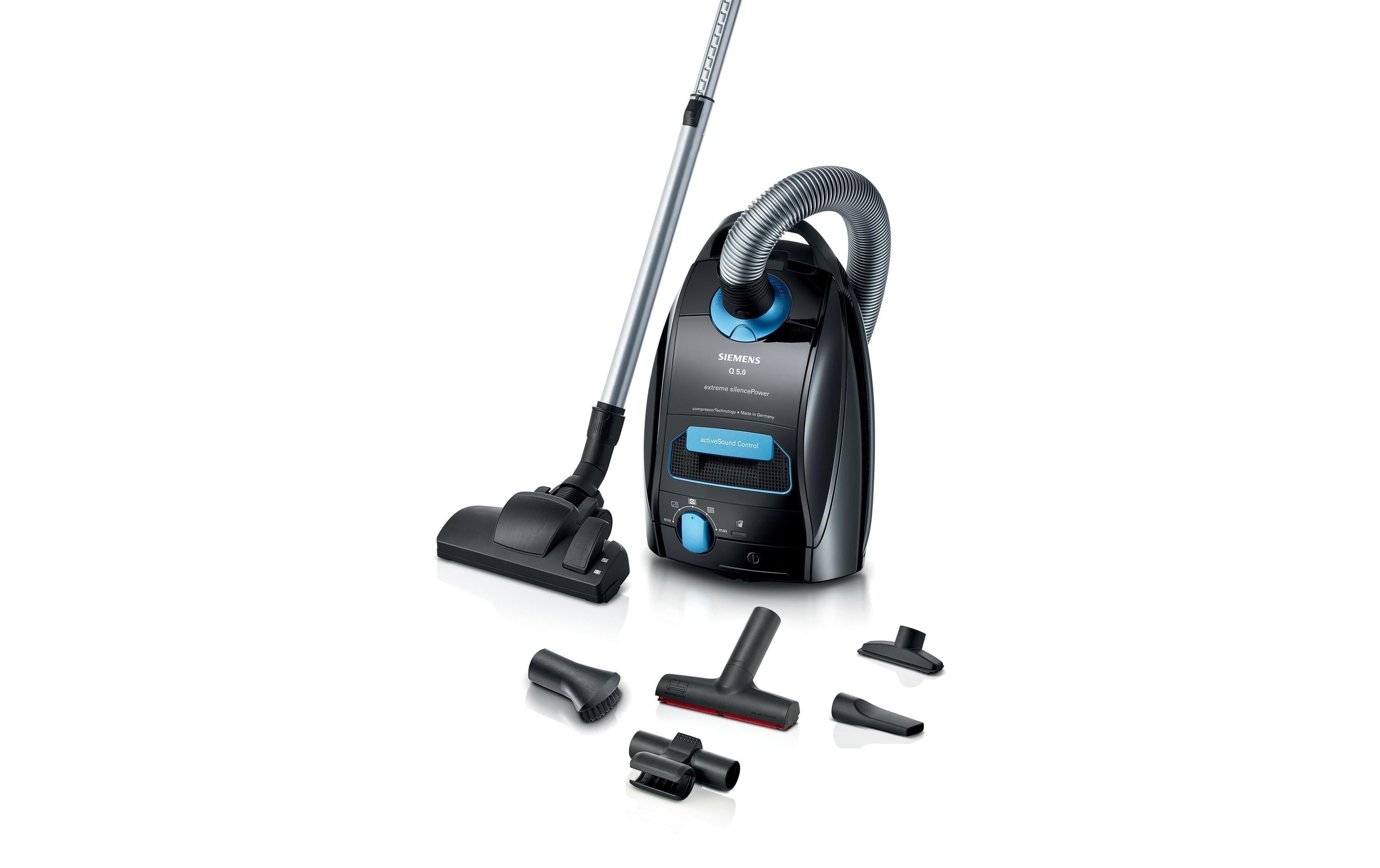 Image of SIEMENS Bodenstaubsauger "Q5 extreme silencePower VSQ5X500, ideal für Allergiker, Hygiene-Filter" 650 W mit Beutel Starke Saugleistung, XXL-Polsterdüse, langes Kabel, schwarz