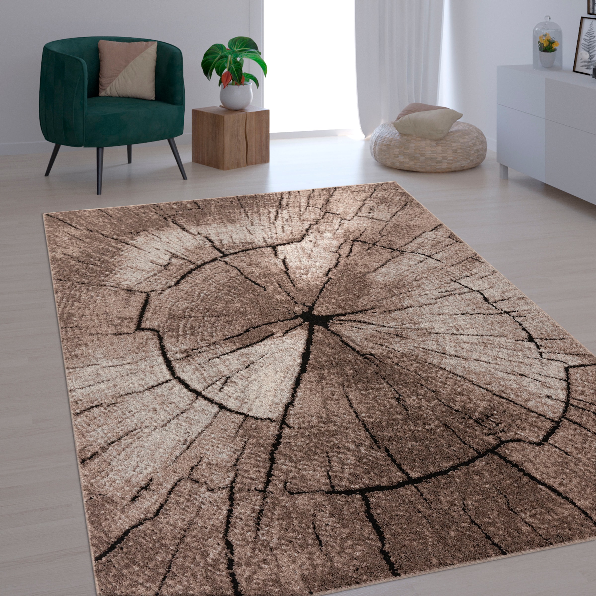 Image of Paco Home Teppich "Rodos 605" rechteckig 18 mm Höhe Kurzflor, Motiv Baumstumpf, Holz, ideal im Wohnzimmer & Schlafzimmer