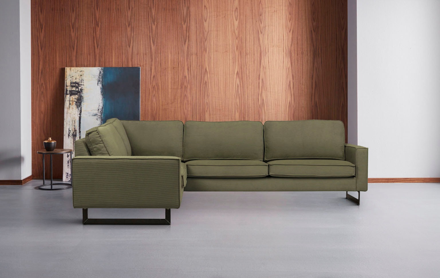Places of Style Ecksofa »Pinto, XXL, 250/290 cm, langer Schenkel, Ottomane«, Cord, Chenille, Lederoptik, mit Keder, Metallfüsse, Wellenunterfederung