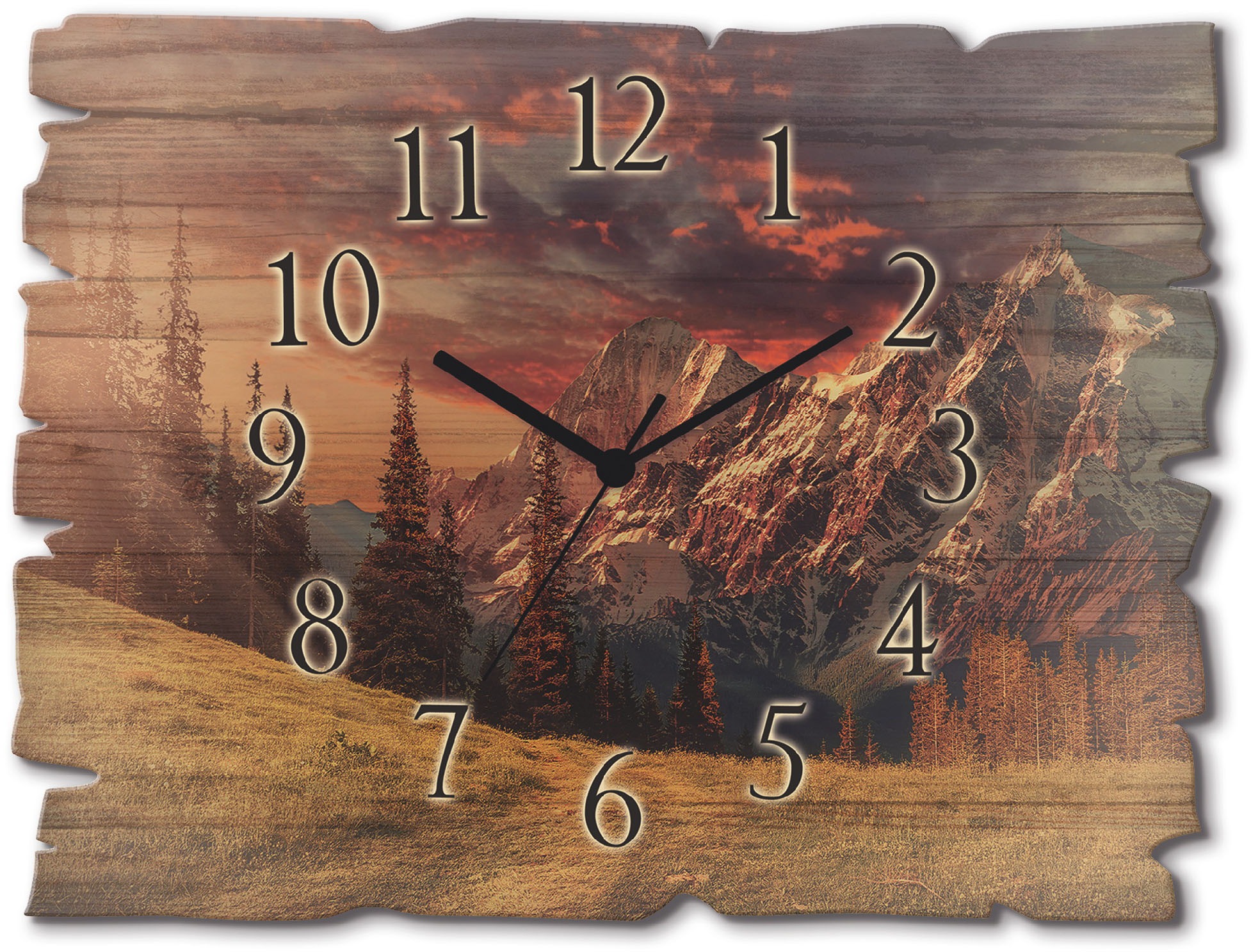 Image of Artland Wanduhr »Holzuhr Alpines Hochland«, in vielen Grössen & Produktarten - Alubild / Outdoorbild für den Aussenbereich, Leinwandbild, Poster, Wandaufkleber / Wandtattoo auch für Badezimmer geeignet bei Ackermann Versand Schweiz