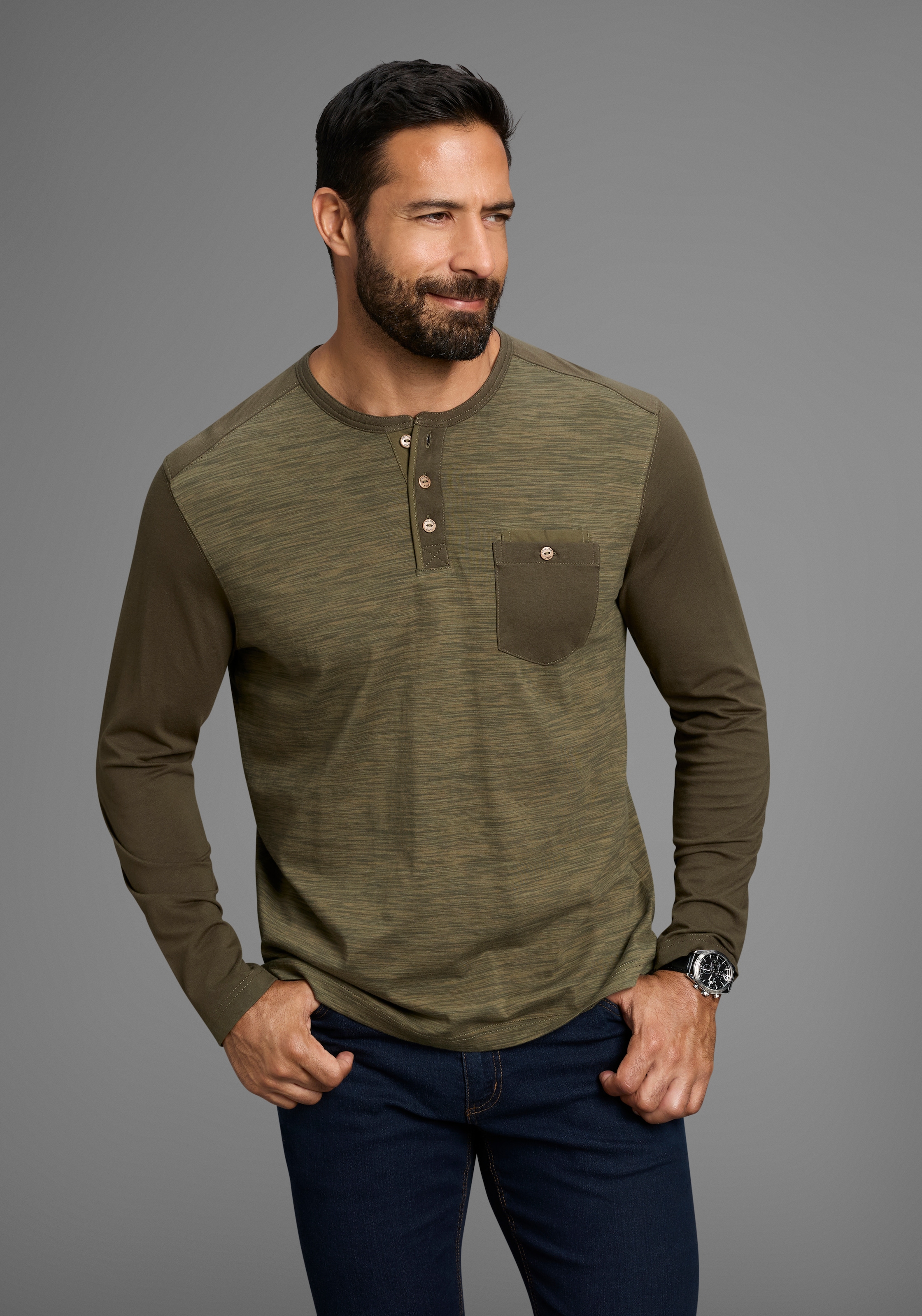Image of Arizona Longsleeve Langarm, melierte Optik, Rundhalsausschnitt mit Knopfleiste