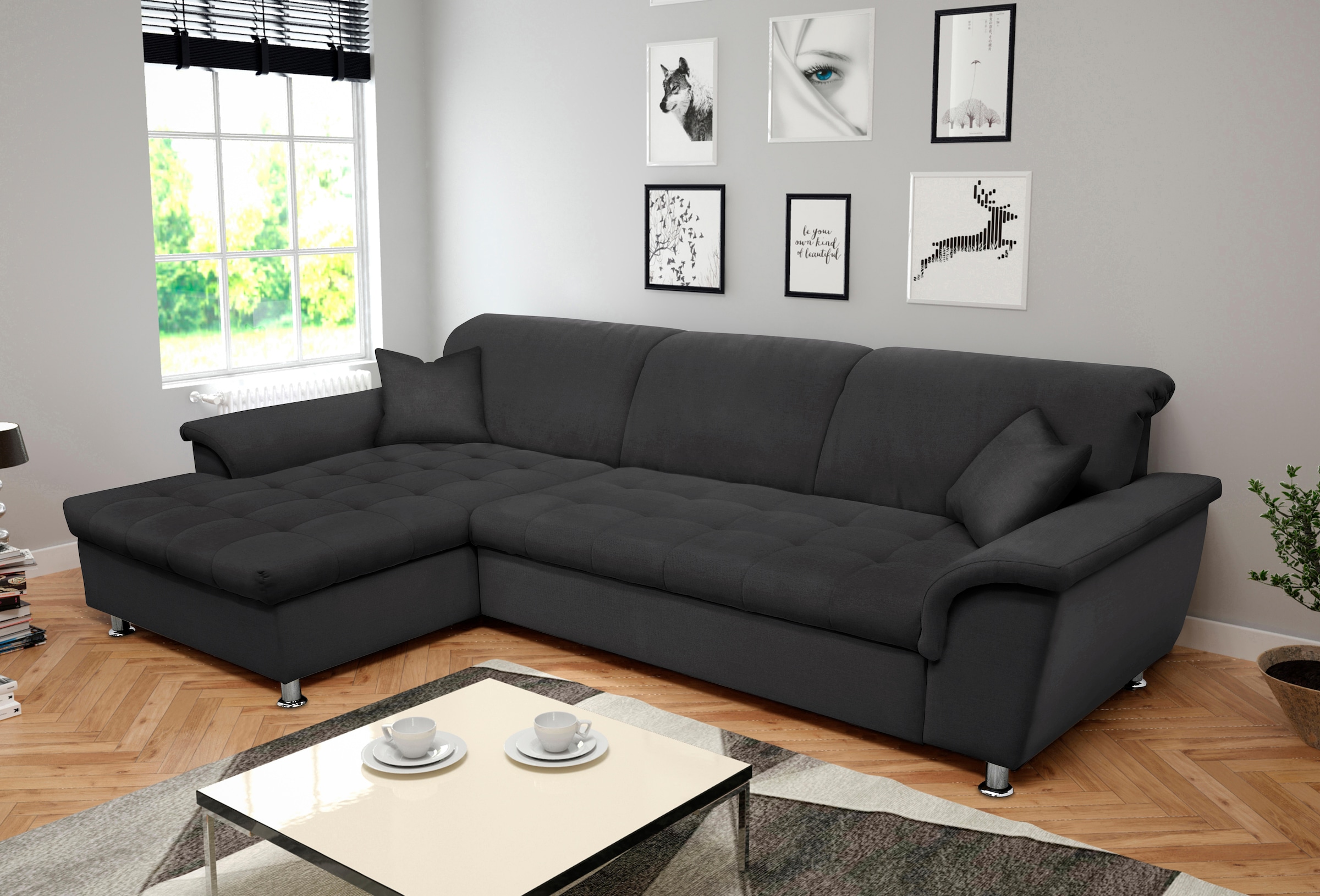 DOMO collection Ecksofa »Franzi Steppung im Sitzbereich B7T/H: 278/162/80 cm,  L-Form« ohne Funktion, Flachgewebe, graphite