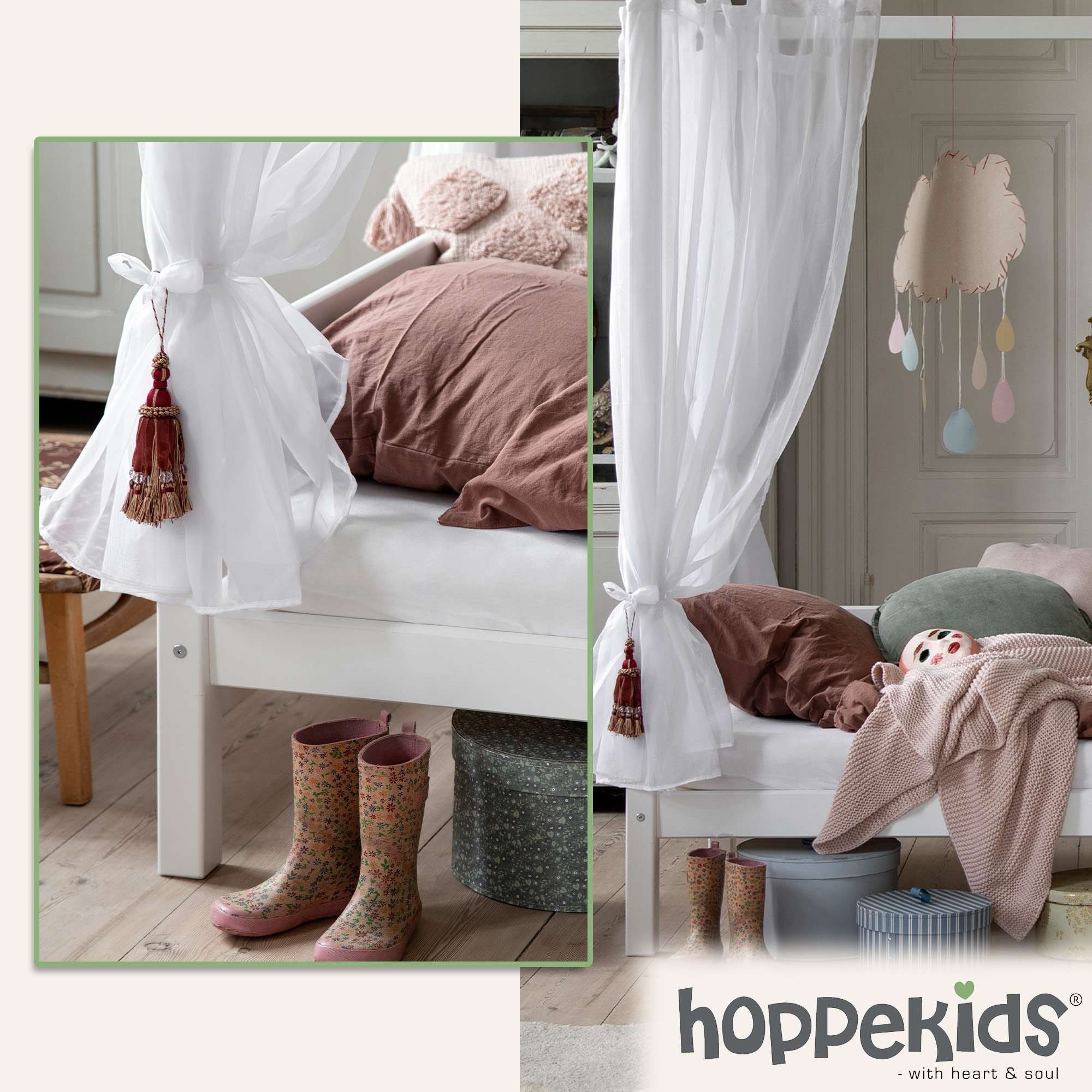 Hoppekids Himmelbett »ECO Dream Kinder/ Prinzessinnenbett 90x200cm, H= 182 cm, Kiefer massiv«, wahlweise mit Gästebett oder Schubkästen