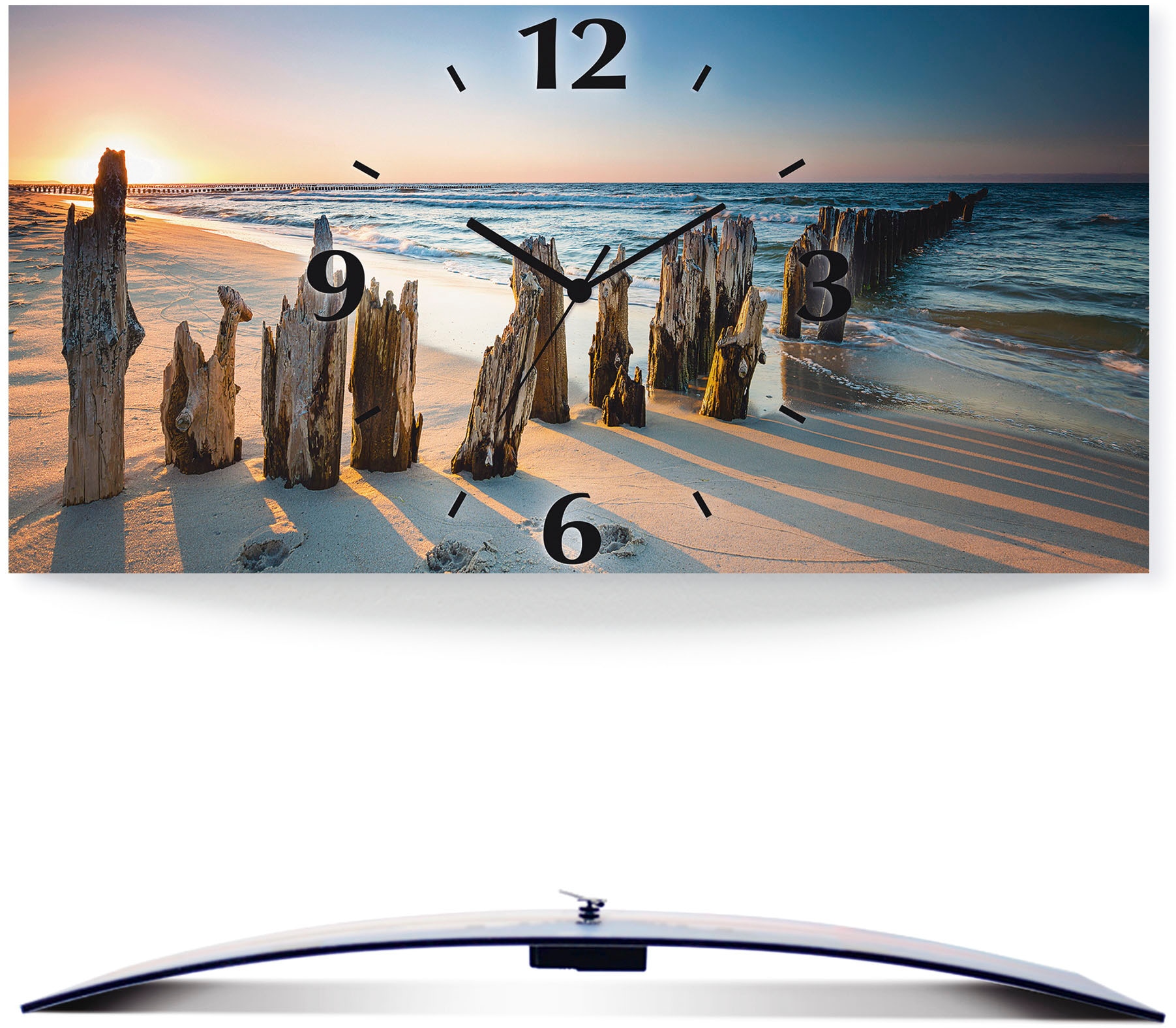 Image of Artland Wanduhr "Sonnenuntergang Strand Wellenbrecher" wahlweise mit Quarz- oder Funkuhrwerk, lautlos ohne Tickgeräusche