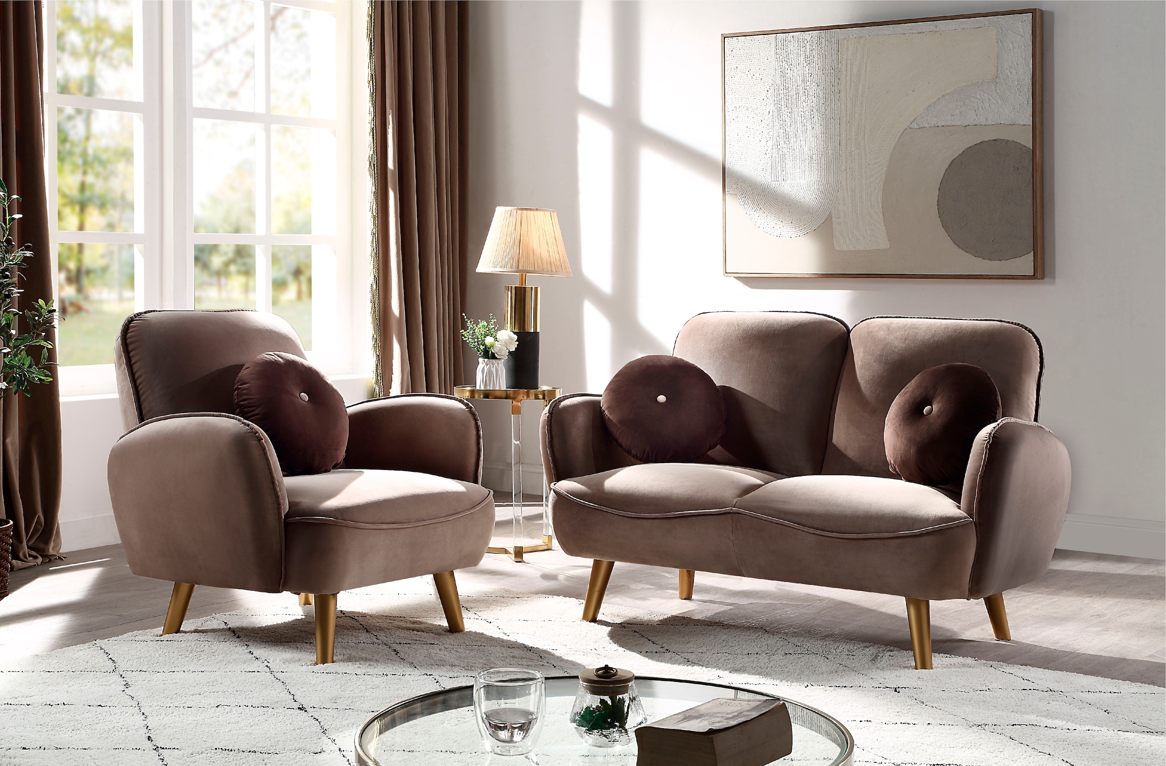 ATLANTIC home collection Sessel »Ben«, mit Welleunterfederung, inkl. Dekokissen und goldfarbenene Massivholzfüsse