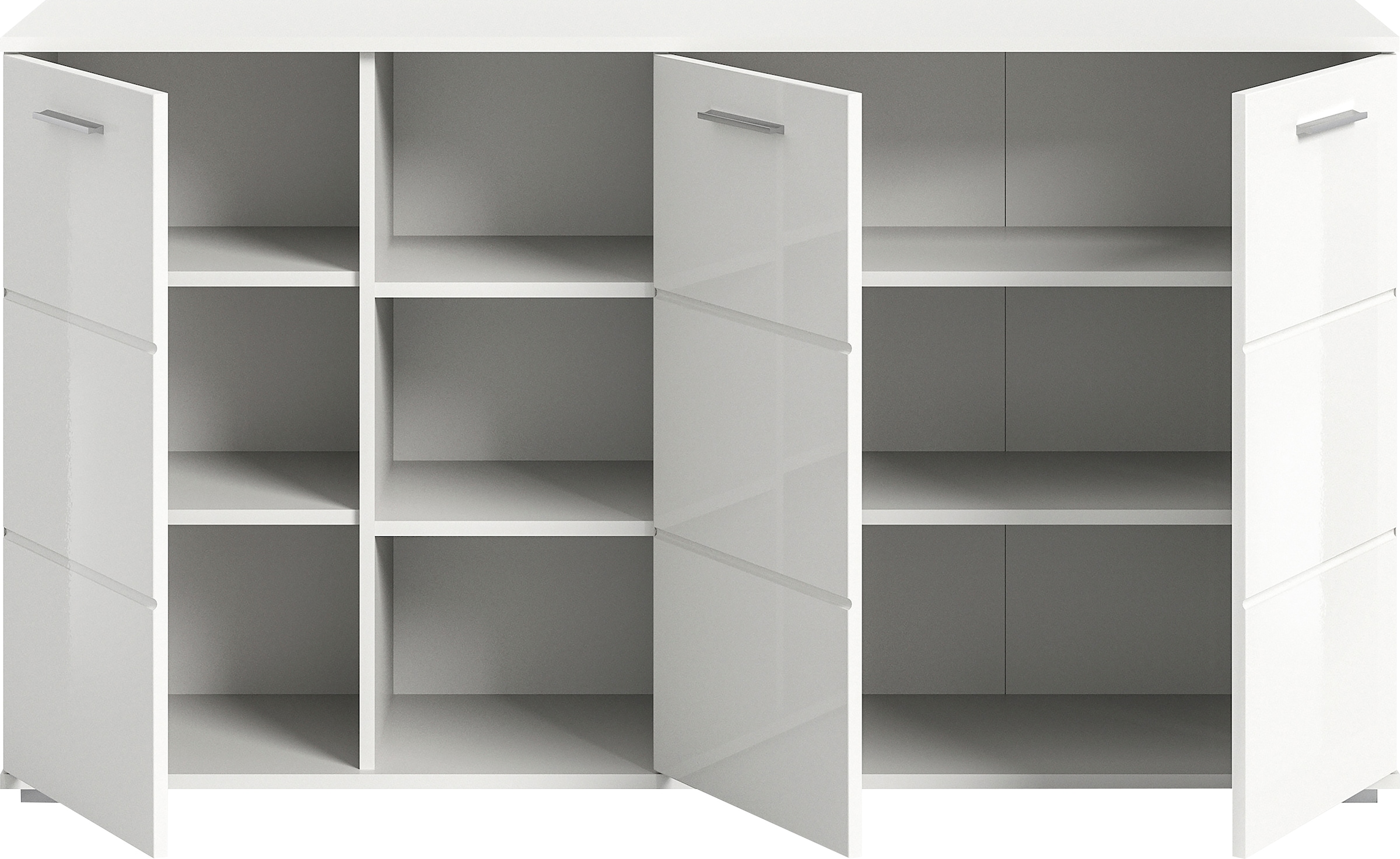 INOSIGN Sideboard »Valge, Breite 150 cm, 3 Türen, 4 verstellbare Böden, 3 offene Fächer«, Front-Rillenfräsung, Schuhkommode, Anrichte, Schrank, Kommode