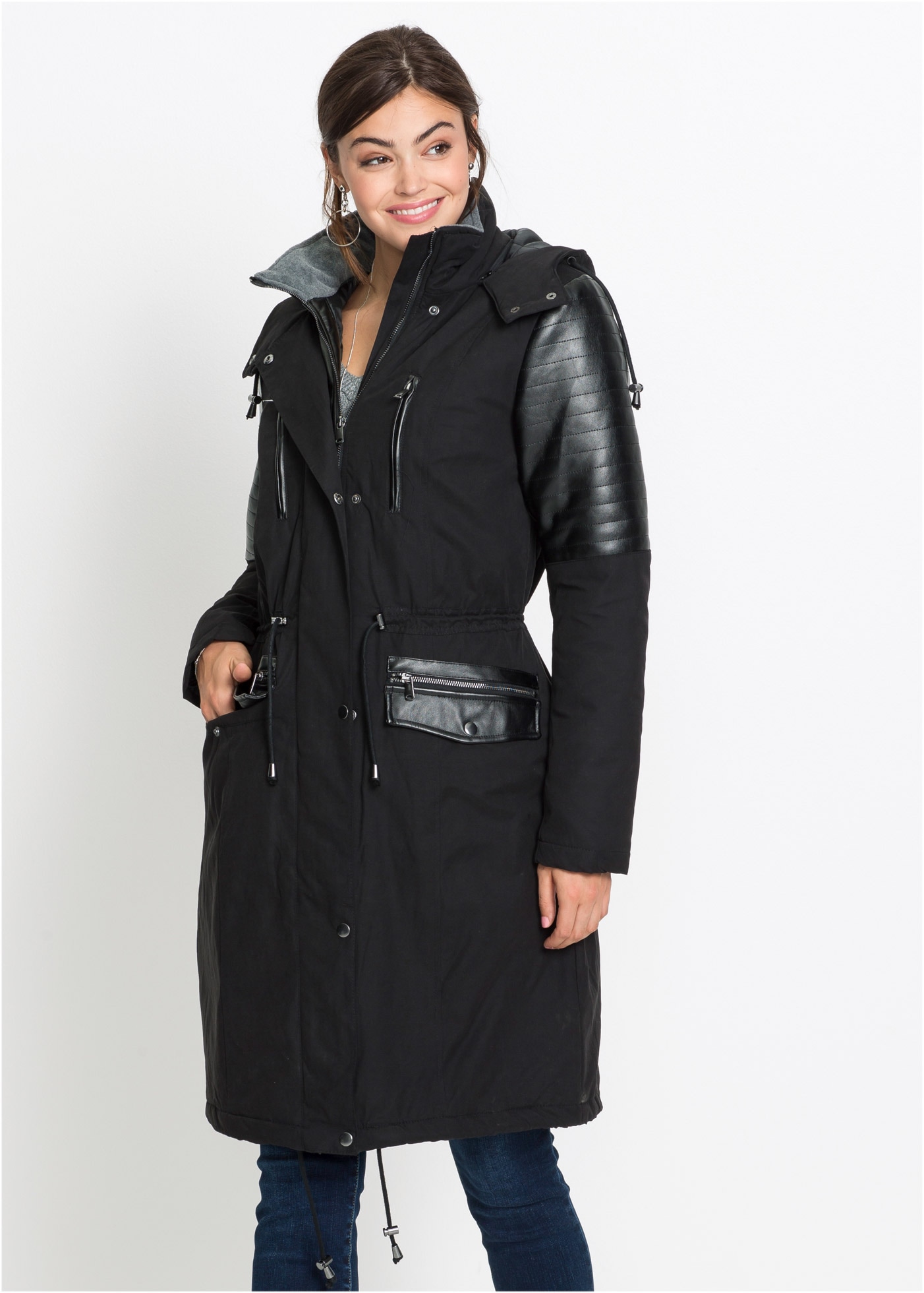 Image of bonprix Langjacke mit Kapuze lockerer loose fit, mit grosser abnehmbarer Kapuze, hoher Stehkragen