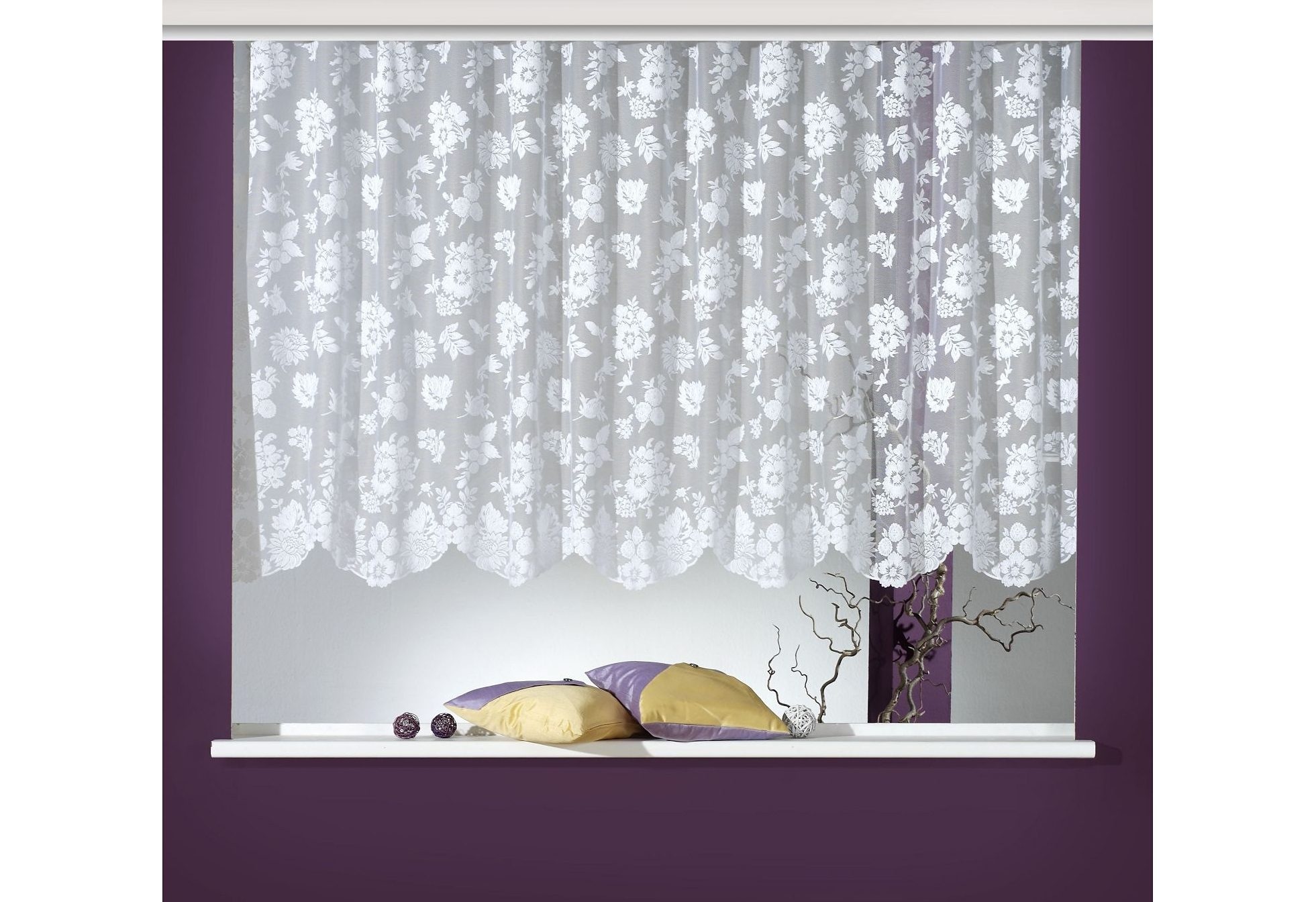 Image of VHG Gardine nach Mass »Cosma«, (1 St.), Stores, halbtransparent, Landhaus, floral, Rosen, Bogenkante, Uni, weiss, Jacquard, gewirkt, verschiedene Grössen bei Ackermann Versand Schweiz