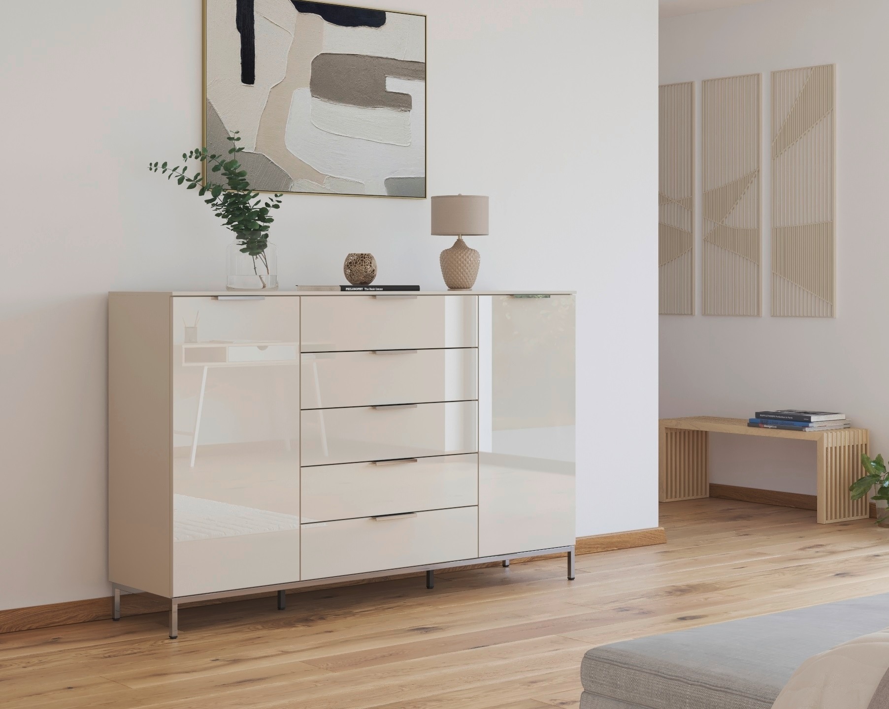 rauch "Kommode Türkommode Sideboard Kombikommode FLIPP mit Glasfront" Breite 160/180 cm mit 4 Einlegeböden, 2-trg mit 5 Schubladen und Soft-Close-Funktion, Glasfront, 2 Breiten