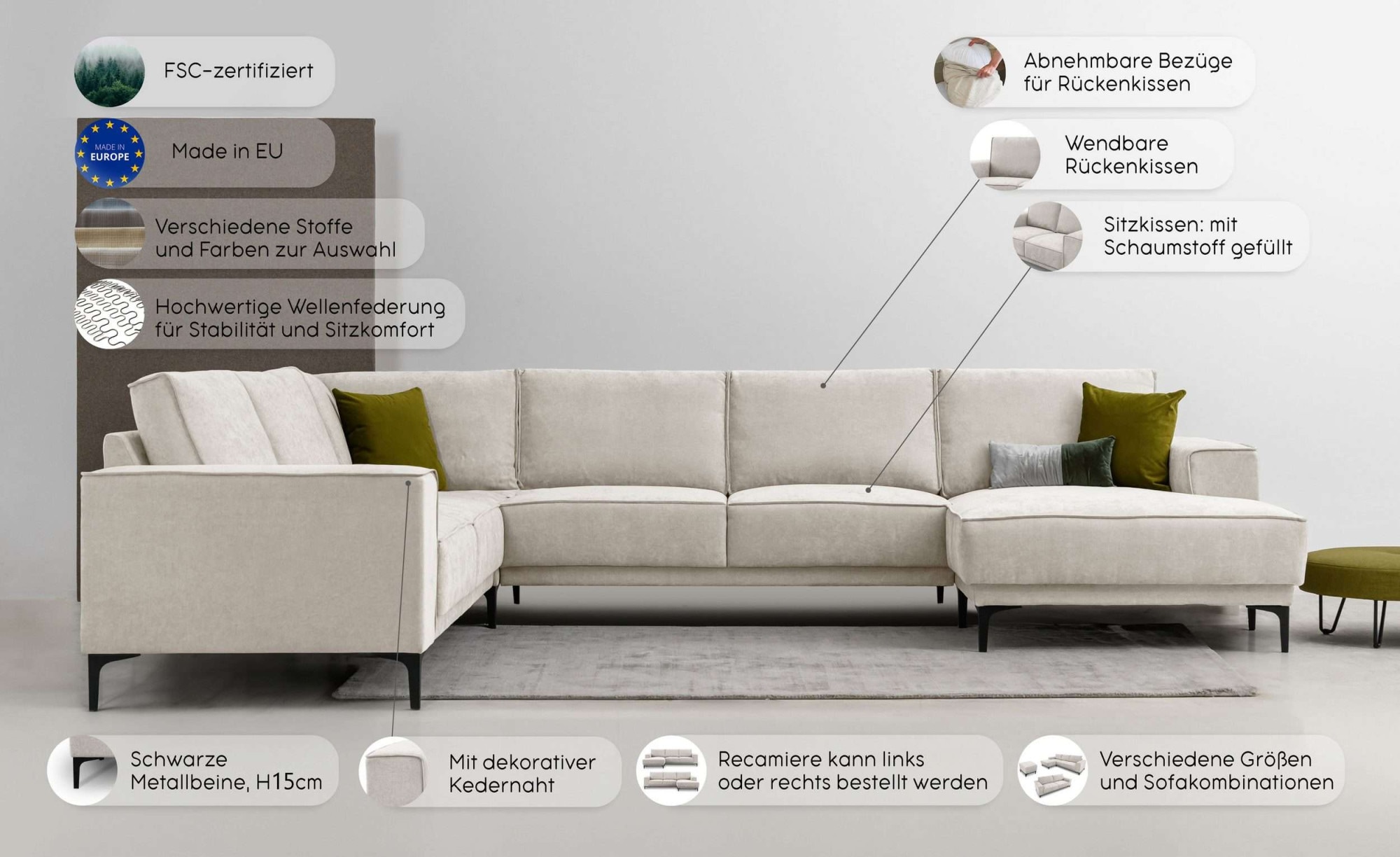 Places of Style Wohnlandschaft »XXL Sofa Oland, Struktur, Flachgewebe, Luxus-Microfaser, Boucle«, U-Form, 342 cm, Wellenunterfederung, Skandi-Design, Metallfüsse