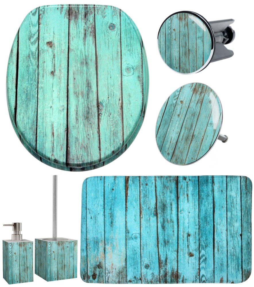 Image of Sanilo Badaccessoire-Set "Lumber" bestehend aus WC-Sitz, Badteppich, Stöpsel, Seifenspender, WC-Bürste