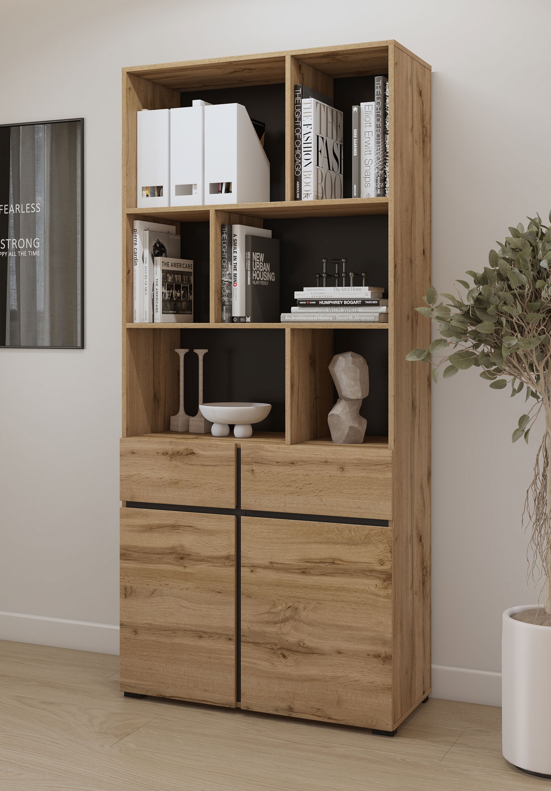 GOODproduct Armoire de classement »Cross, Breite 85 cm, modernem grifflose Standregal, Bücherregal« Étagère avec 6 compartiments ouverts, 2 tiroirs et 2 portes, étagère de bureau