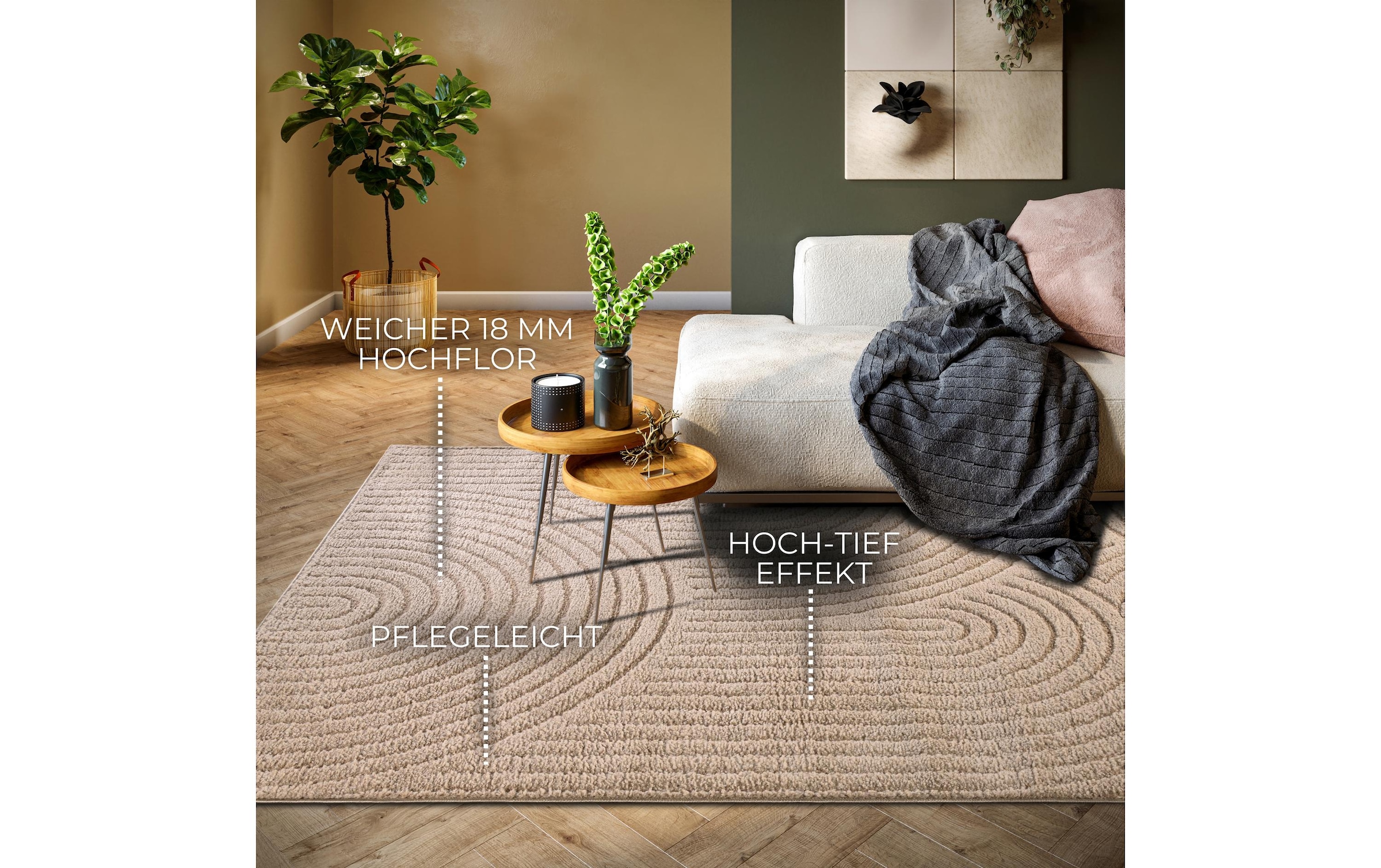ELLE DECORATION Teppich »Cosy Panglao,  auch als Rundteppich erhältlich« rechteckig 14 mm Höhe uni Kurzflor, Hoch Tief Struktur, modern, Skandi, Boho, Wohnzimmer