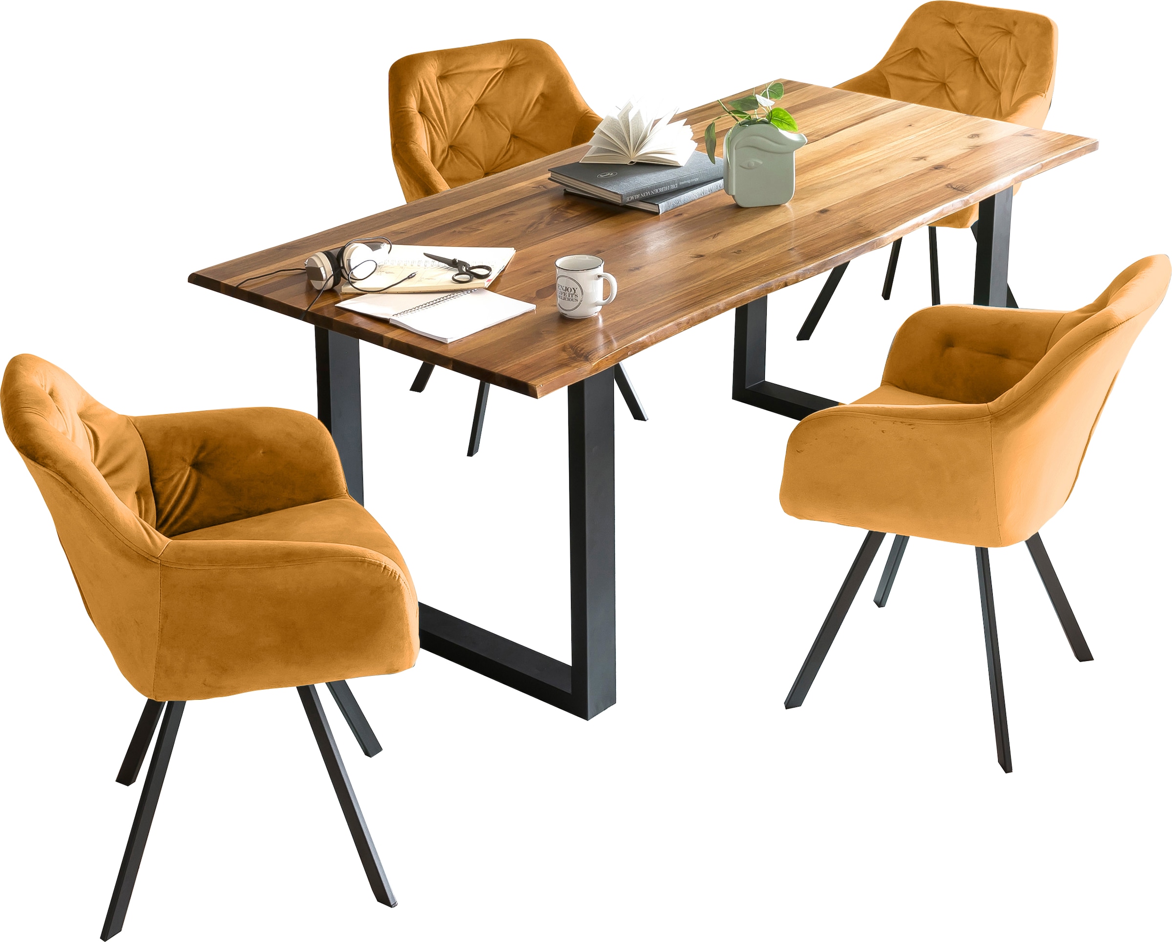 SalesFever Ensemble de salle à manger »Essgruppe für stilvolles Speisen« Ensemble, 5 cuis tlg. ensemble 5 pièces : chaises pivotantes et table avec bord naturel authentique