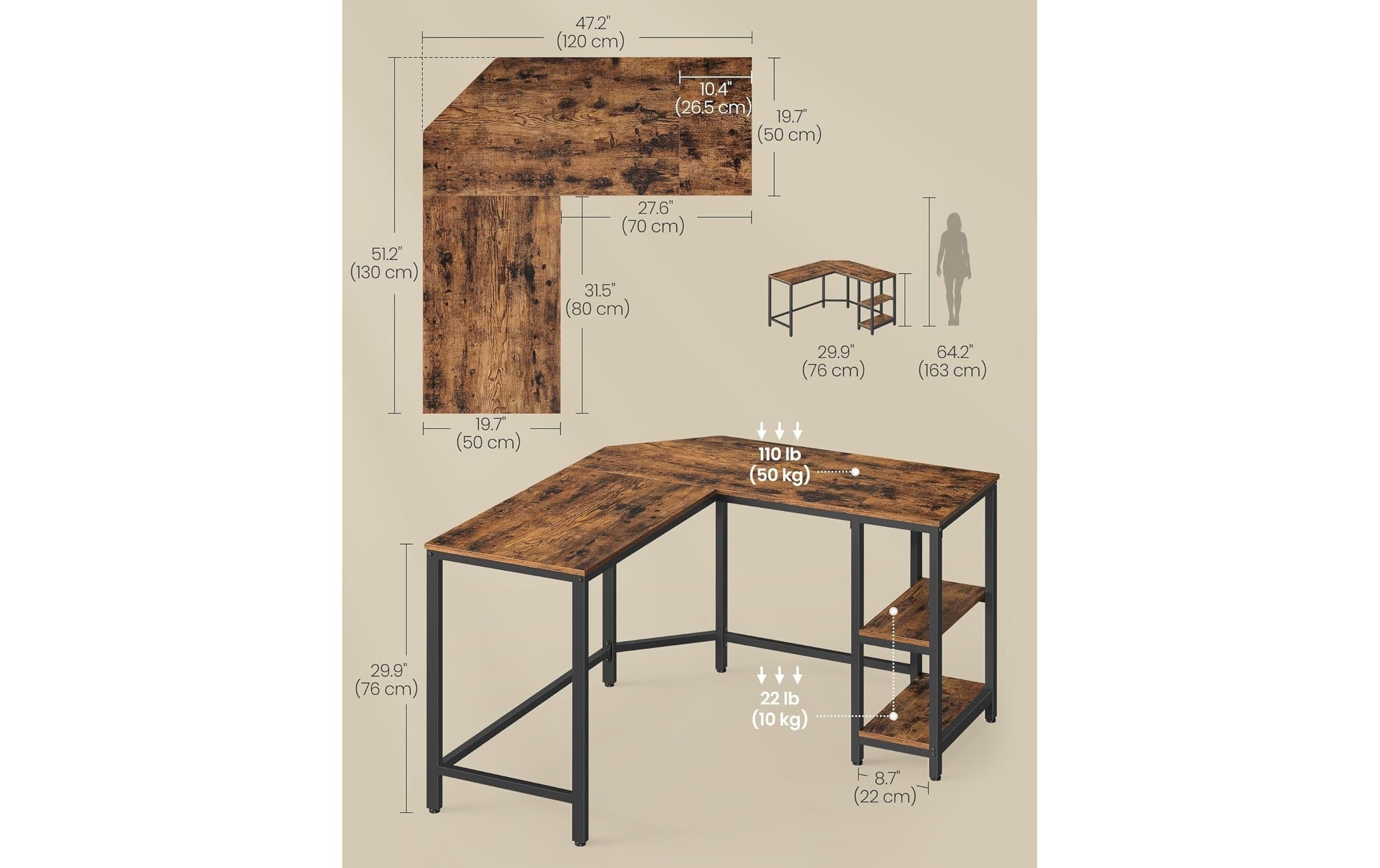 VASAGLE Bureau »in L-Form 120 x 130 x 76 cm«