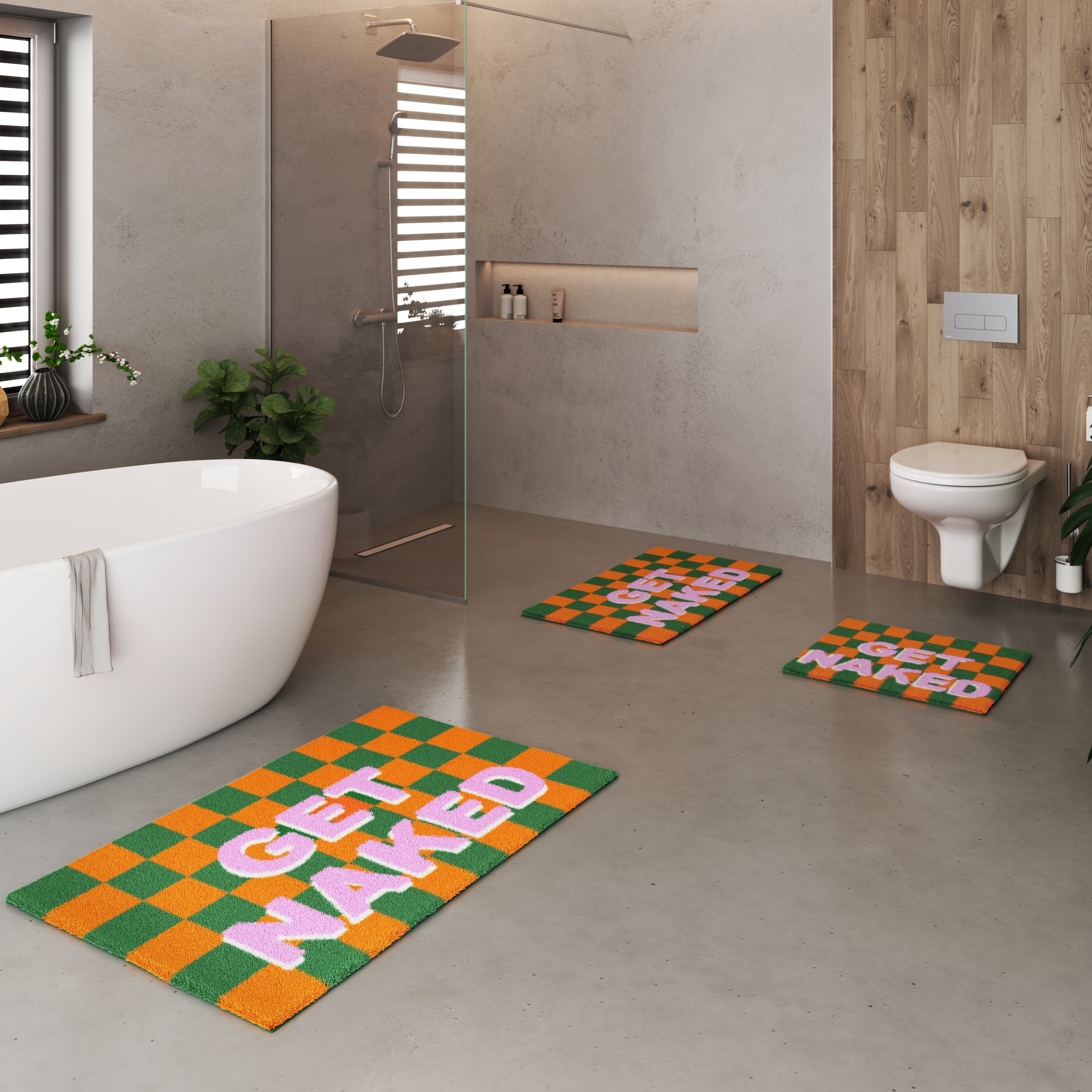 GOODproduct Tapis de bain »Get Naked, modern, Badvorleger, Badezimmer Teppich« Höhe 20 mm revêtement antidérapant Séchage rapide tapis de bain, avec inscription, 2 variantes, rectangulaire
