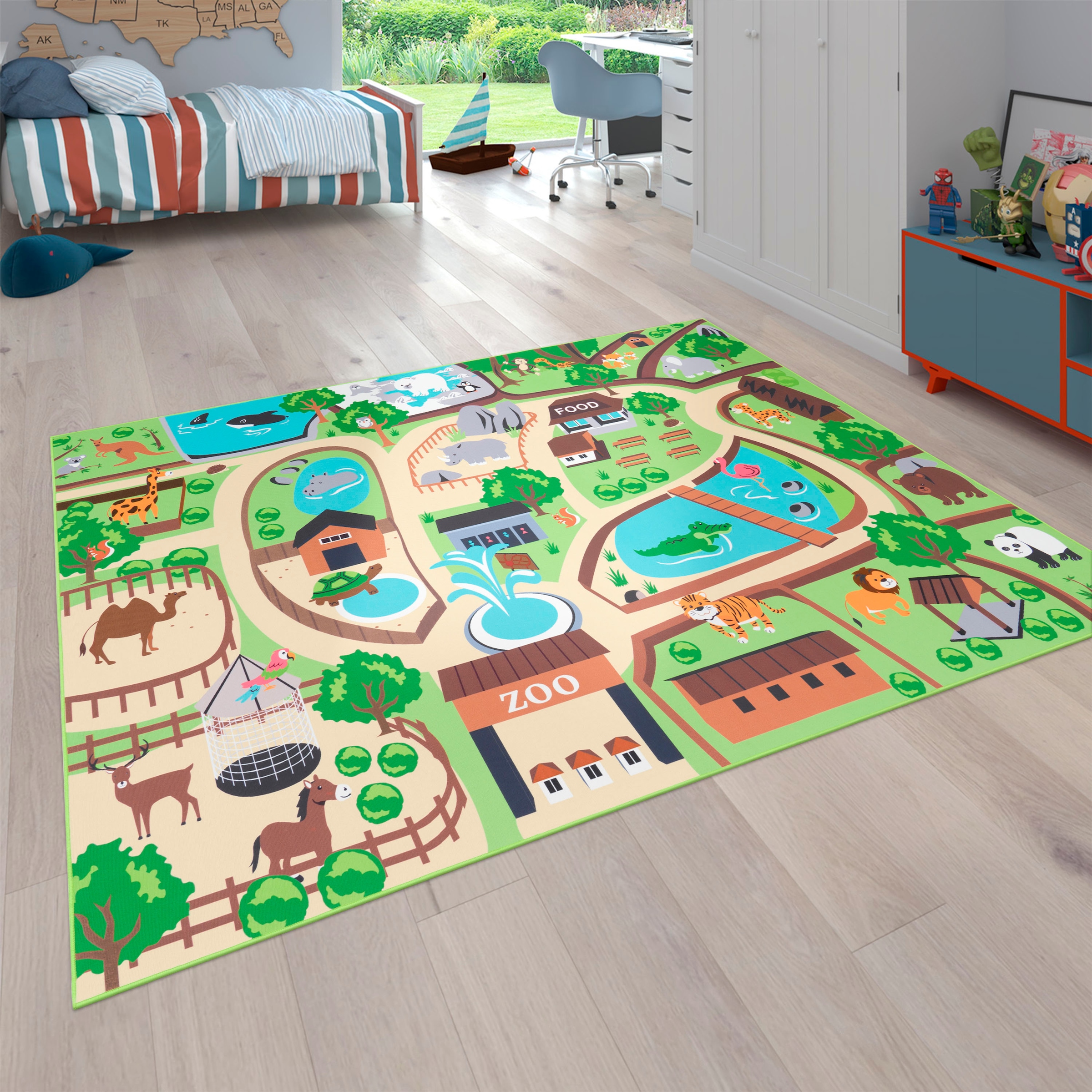 Image of Paco Home Kinderteppich "Bino 563" rechteckig 4 mm Höhe Kurzflor, Strassen-Spiel-Teppich, Motiv Zoo, Kinderzimmer