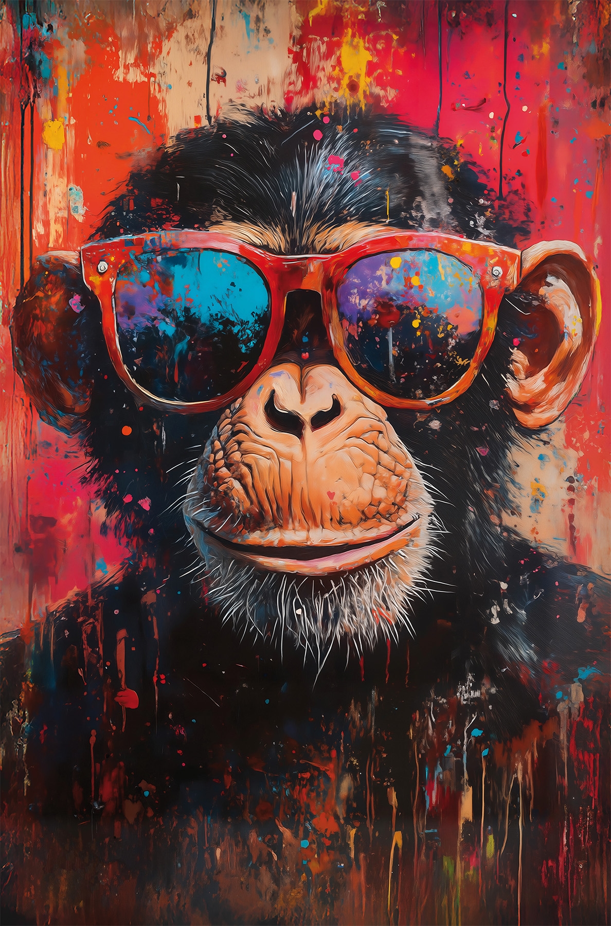 Image of Bönninghoff Bild "Wandbild BUNTER SCHIMPANSE 78x118 cm – Leinwandbild Keilrahmen Deko" Affen Affenbilder Humor auf Keilrahmen gespannt