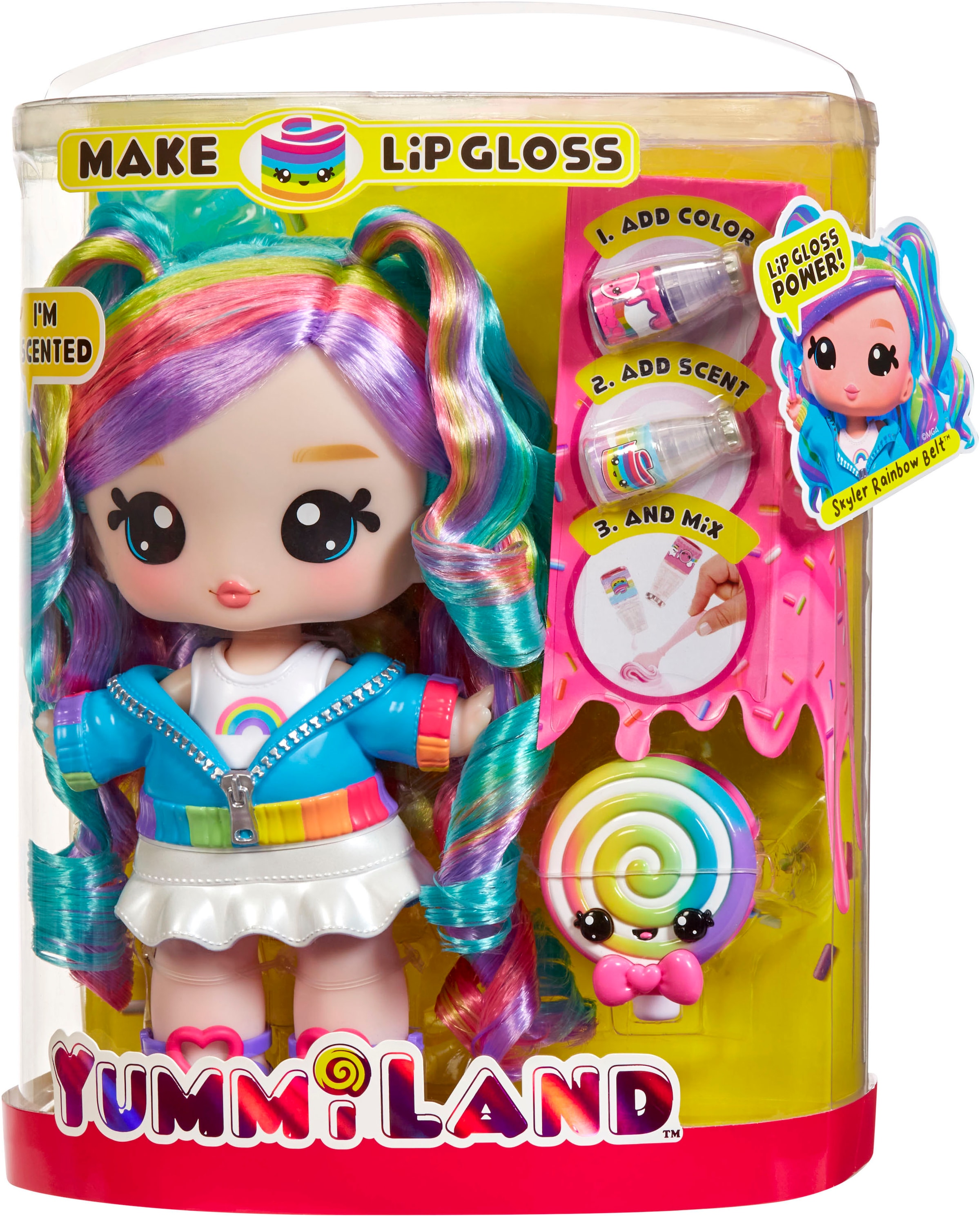 YUMMILAND Poupée à habiller »Yummiland Large Doll + Lip Gloss Pet- Rainbow (Skyler Rainbow Belt)« duftend