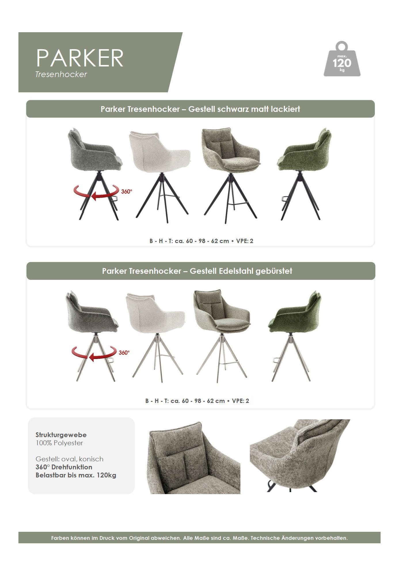 MCA furniture Bistrostuhl »Parker Tresenstuhl mit Armlehnen Tresenhocker«, (Set), 2 St., Struktur weich, Barhocker,Barmoebel,Barstuhl,360° drehbar,mit Lehne,belastbar 120 kg