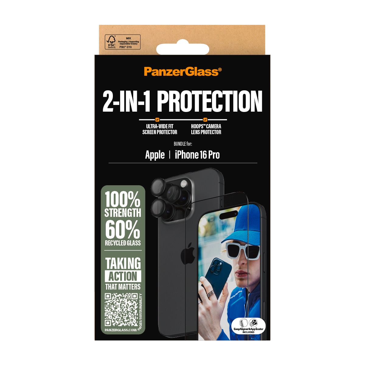 PanzerGlass Displayschutzglas »2-in-1 Protection, Glass, Lens Protector«, für Apple iPhone 16 Pro, Displayschutzfolie, Schutzfolie, Bildschirmschutz, kratz- & stossfest