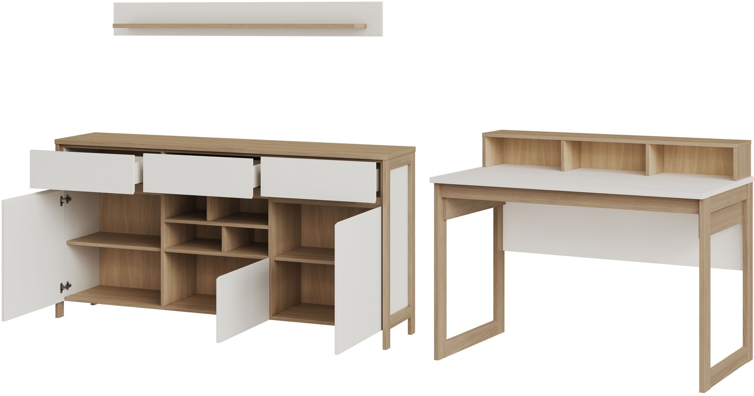 Home affaire Büromöbel-Set »Stranda im Scandi-Style, Home Office, Büro in zwei Farben verfügbar« 3 Stk. tlg. enthält Schreibtisch, Sideboard und Wandboard