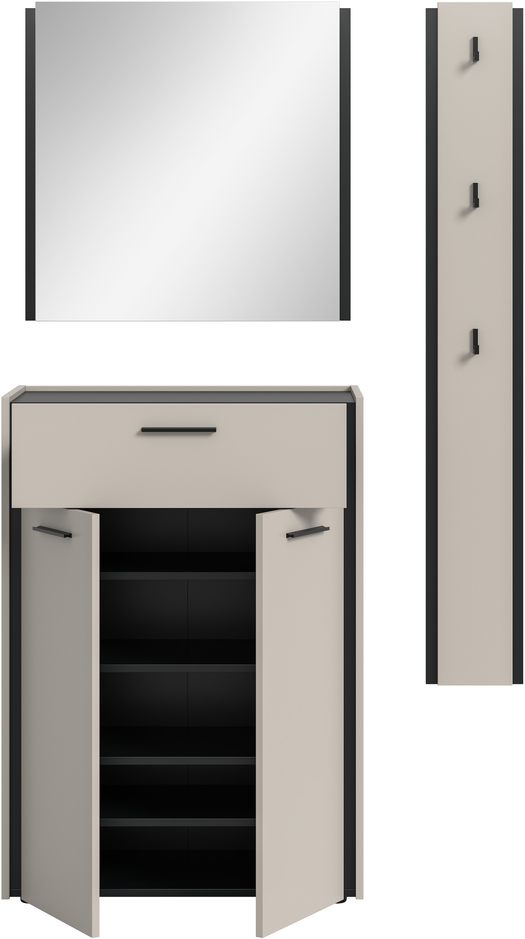 Home affaire Garderoben-Set »RAK, 3-teilige Garderoben-Kombination, Breite ca. 142 cm« Schuhkommode, Spiegel, Hakenpaneel, 3 Stk. tlg.