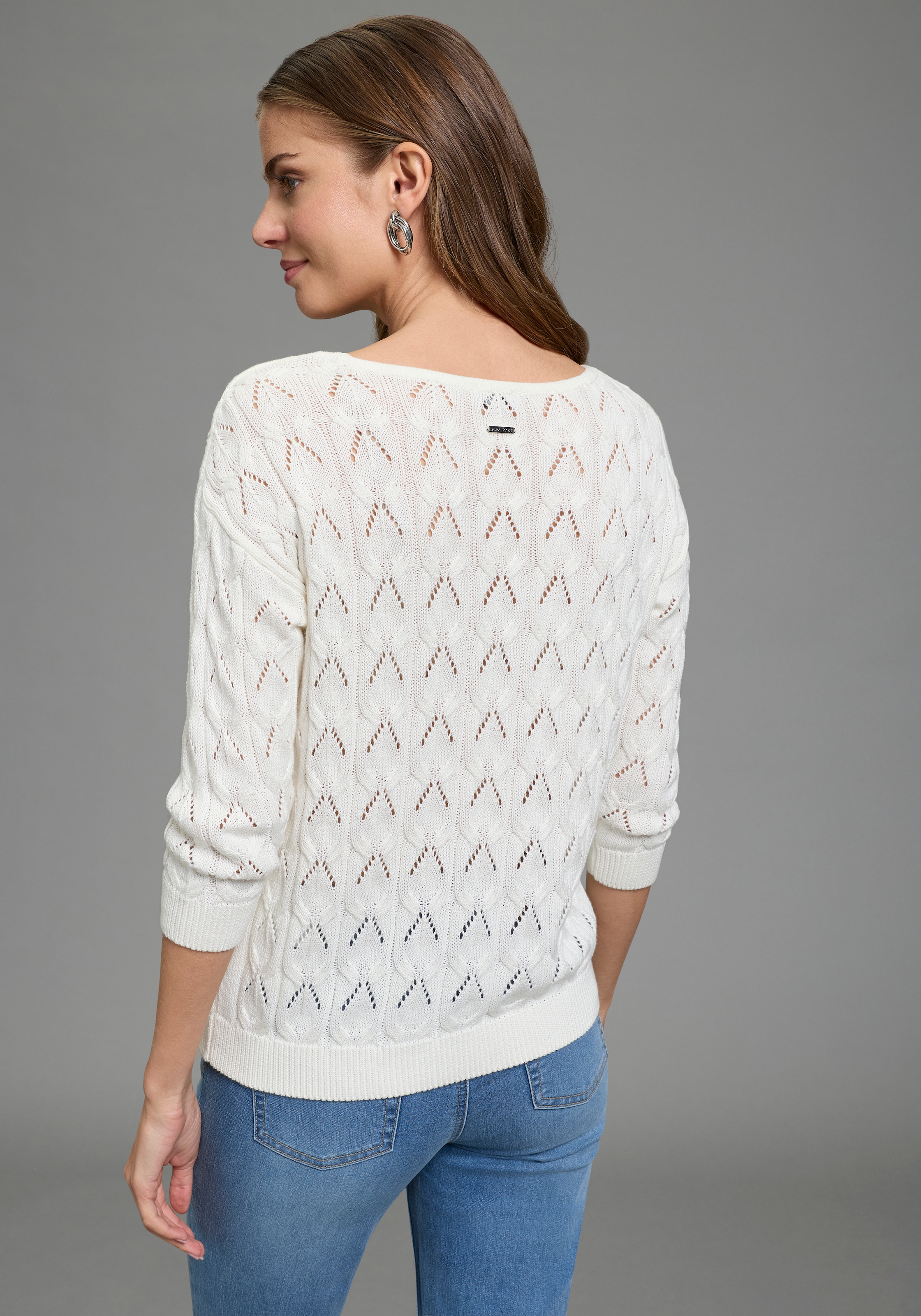 Laura Scott Pull ajouré mit femininen Lochmuster, 3/4 Ärmeln und U-Boot Ausschnitt