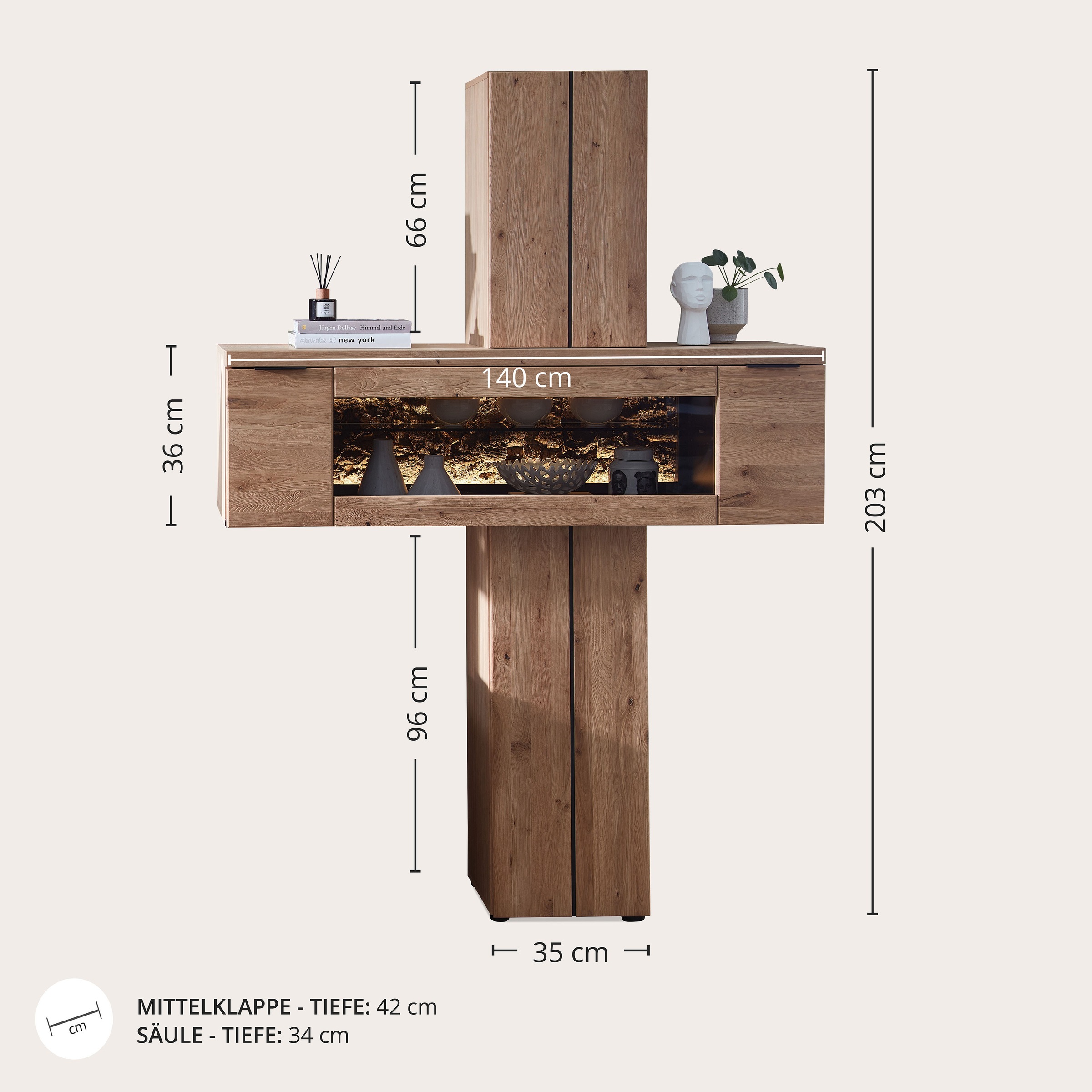 Wohnconcept Stauraumvitrine »Donna Stauraum-Säule, 140x203x42 (BxHxT)« 1 Stk. tlg. Beleuchtung bestellbar, 2 türig, Echtkork Absetzung, L/R verwendbar