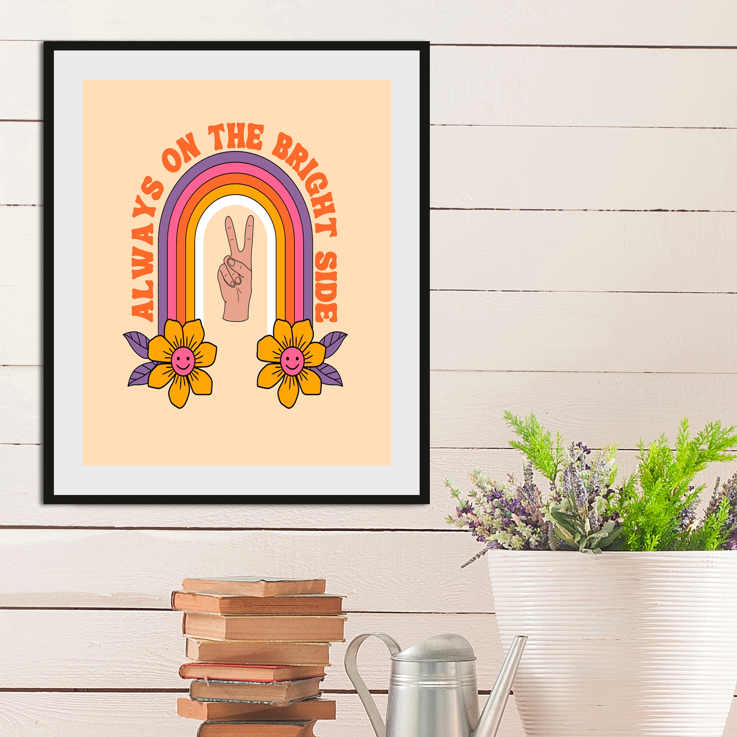 Image of queence Bild "Bright Side" Blumen Blumenbilder Motivationsbilder Peace-Zeichen Schriftzug Smileys 1 Stk. tlg. gerahmt