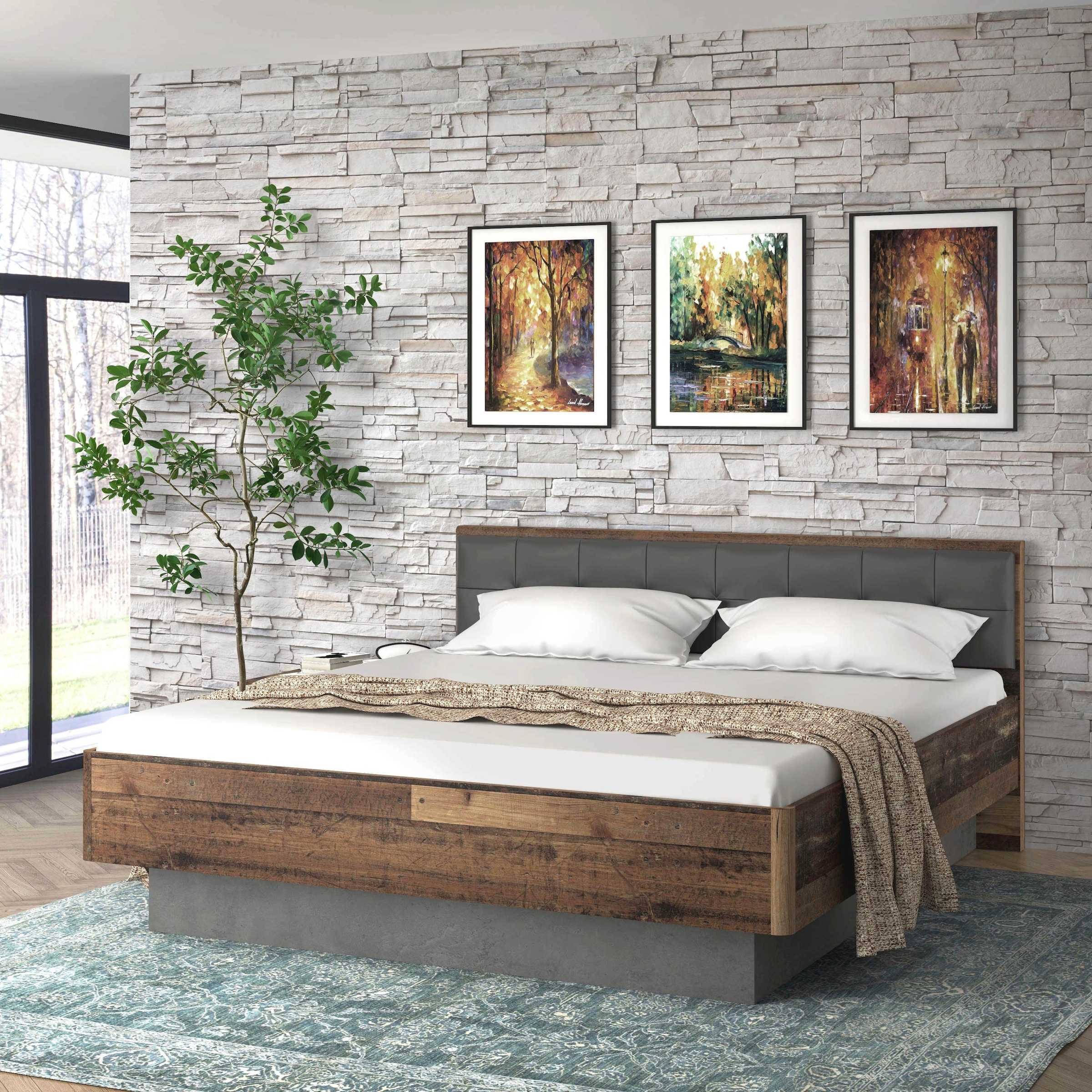 Image of FORTE Futonbett "Clif, Bettanlage, Old – Wood Vintage, Betonoptik Dunkelgrau" Liegefläche 180x200cm, mit gepolstertem Kopfteil aus Kunstleder, bis 220KG belastbar