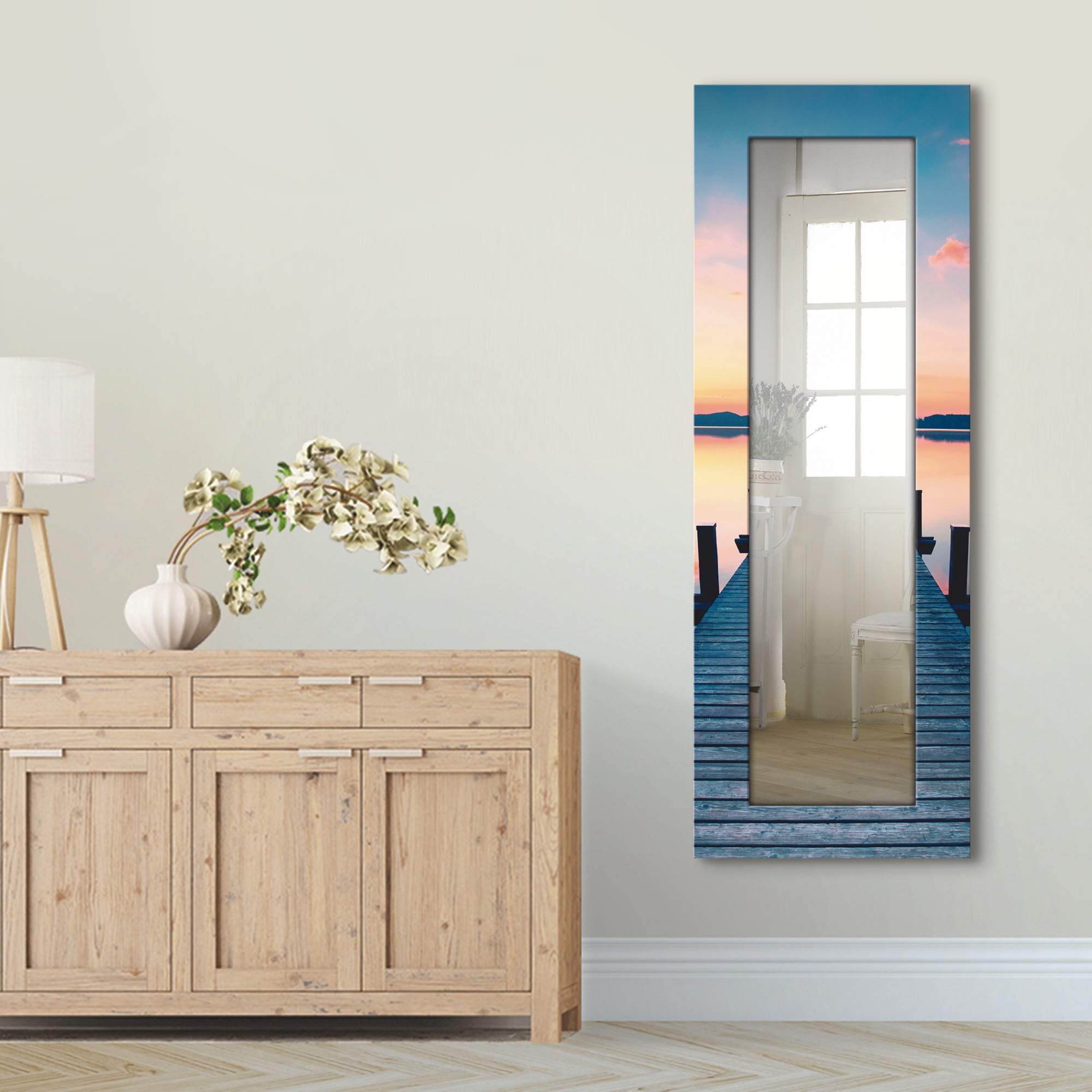 Image of Artland Dekospiegel »Langer Pier am See im Sonnenaufgang«, gerahmter Ganzkörperspiegel mit Motivrahmen, geeignet für kleinen, schmalen Flur, Flurspiegel, Mirror Spiegel gerahmt zum Aufhängen bei Ackermann Versand Schweiz