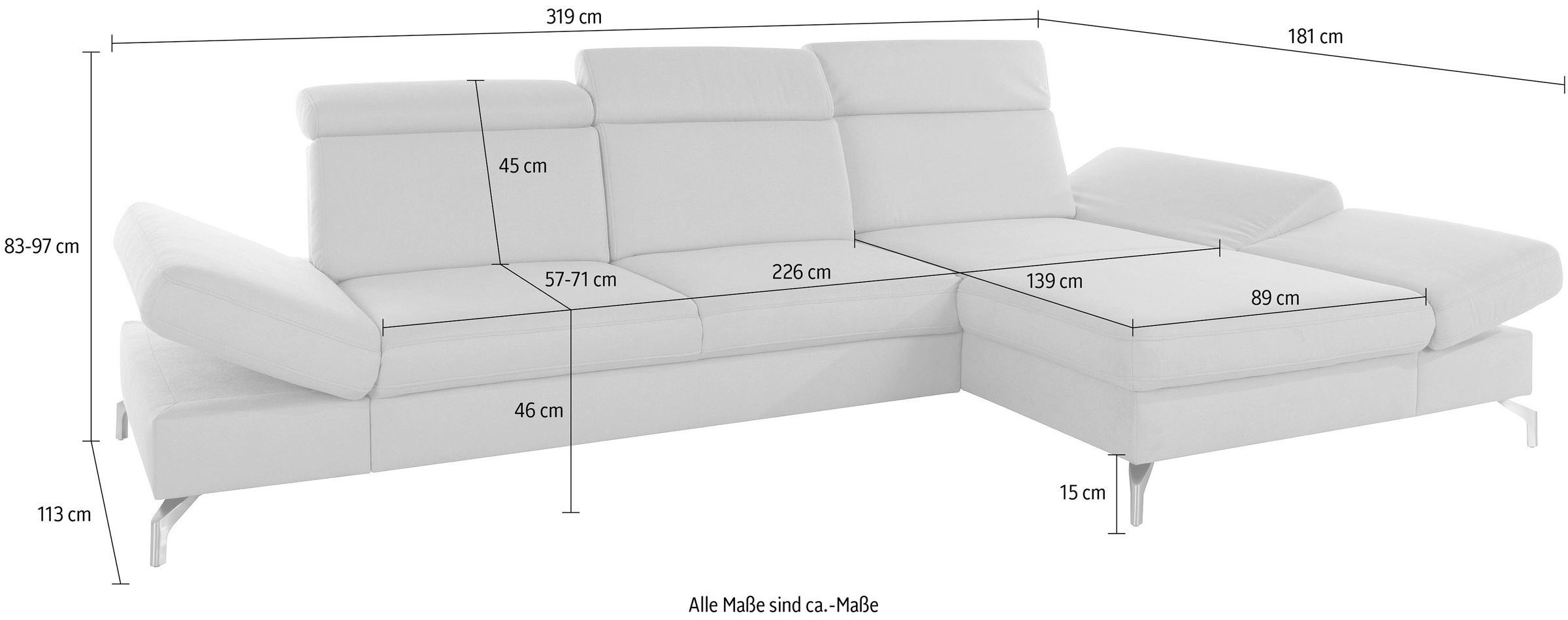 sit&more Ecksofa »Brisbane L-Form«, Fusshöhe 12 cm, inklusive Sitztiefen-, Armteil- und Kopfteilverstellung