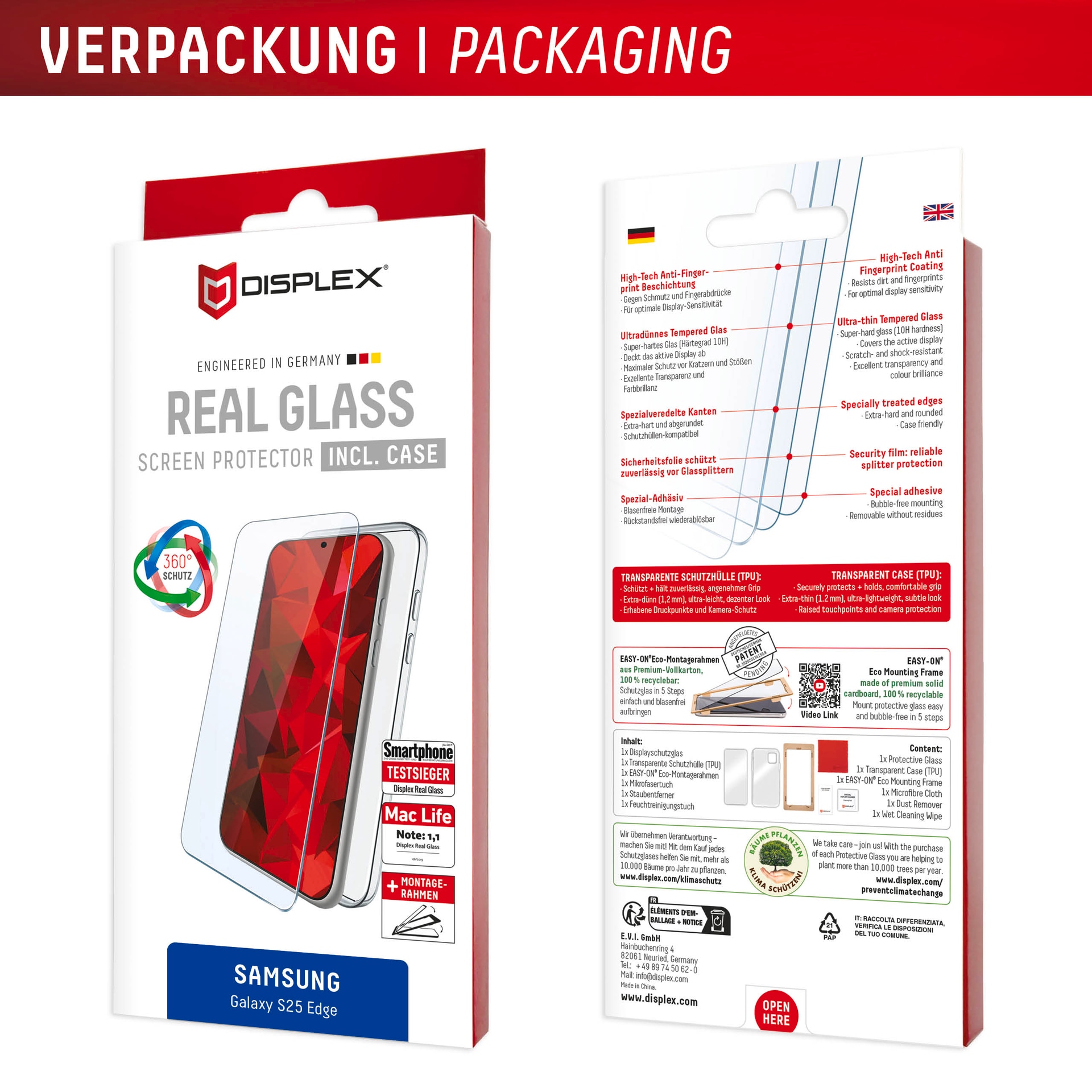 Displex Displayschutzglas »Real Glass Screen Protector inkl. Case«, für Samsung Galaxy S25 Edge, Displayschutzfolie, Schutzfolie, Bildschirmschutz, kratz- & stossfest