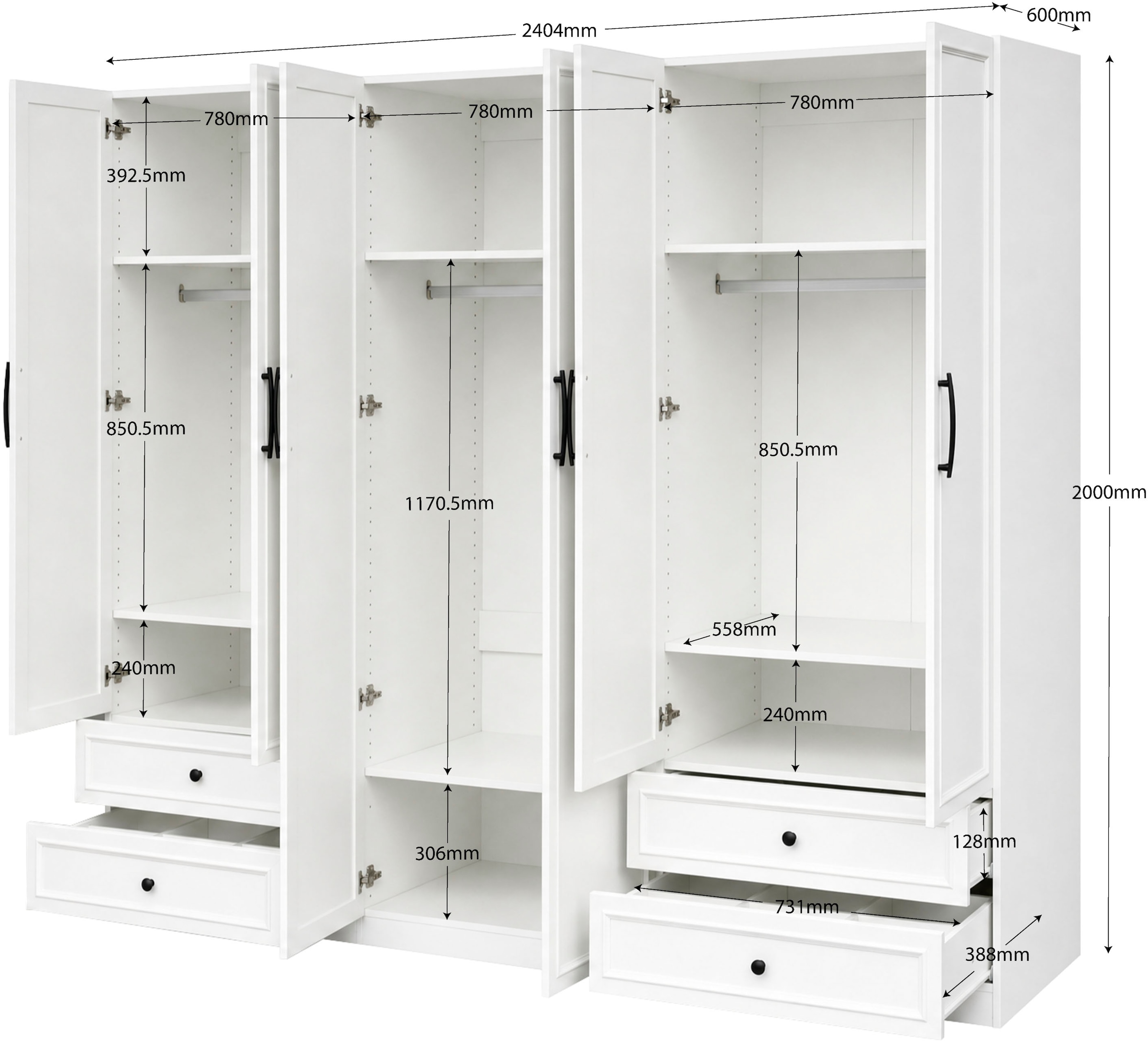 GOODproduct Armoires à vêtements »Arrian 240 cm Weiss | 6-türiger Drehtürenschrank im Landhausstil« ESPACE DE RANGEMENT XXL POUR VOTRE MAISON