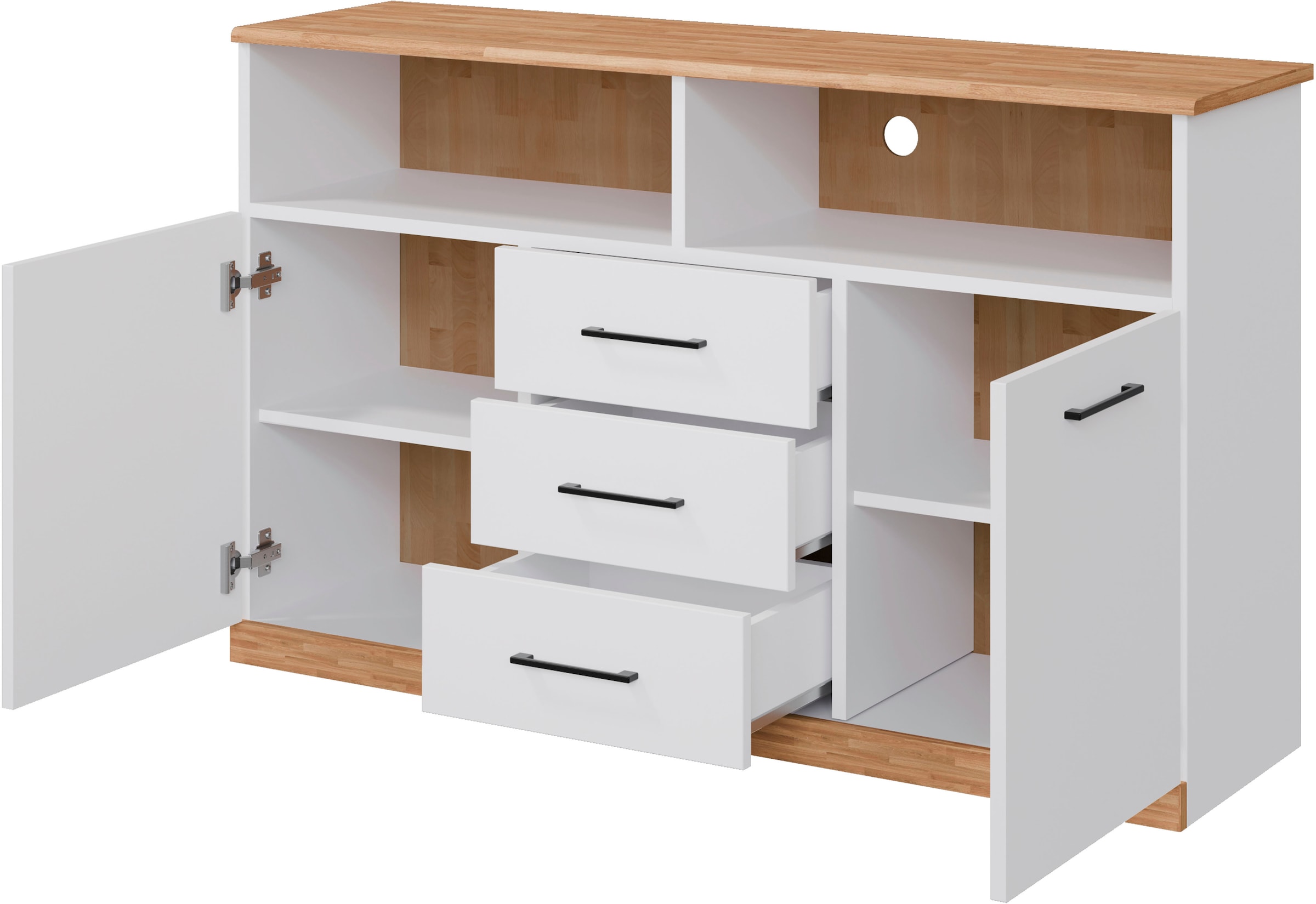 Home affaire Sideboard »Ribe,130cm breit,80cm hoch, 6 Fächer«, Oberplatte Eiche massiv,schwarze Metall Griffe