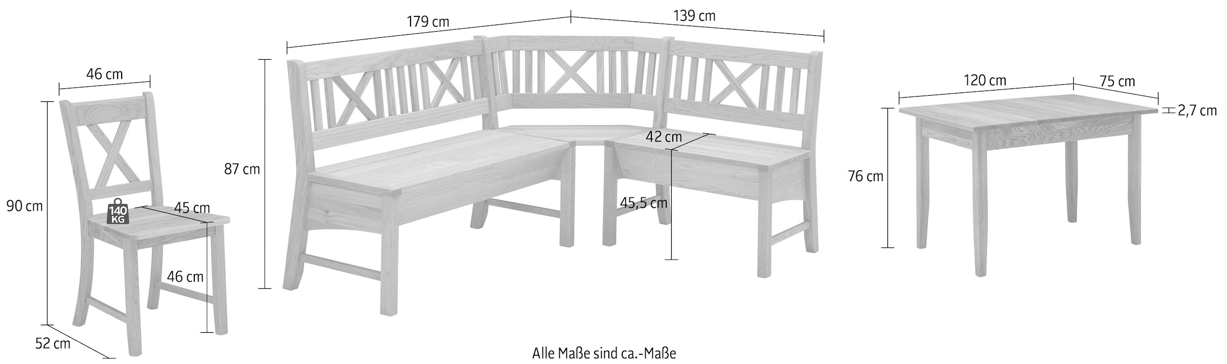 massivline&more Ensemble de bancs d'angle »Königsee« Ensemble, 4 cuis tlg. banquette d’angle modulable, banquette d’angle avec coffre