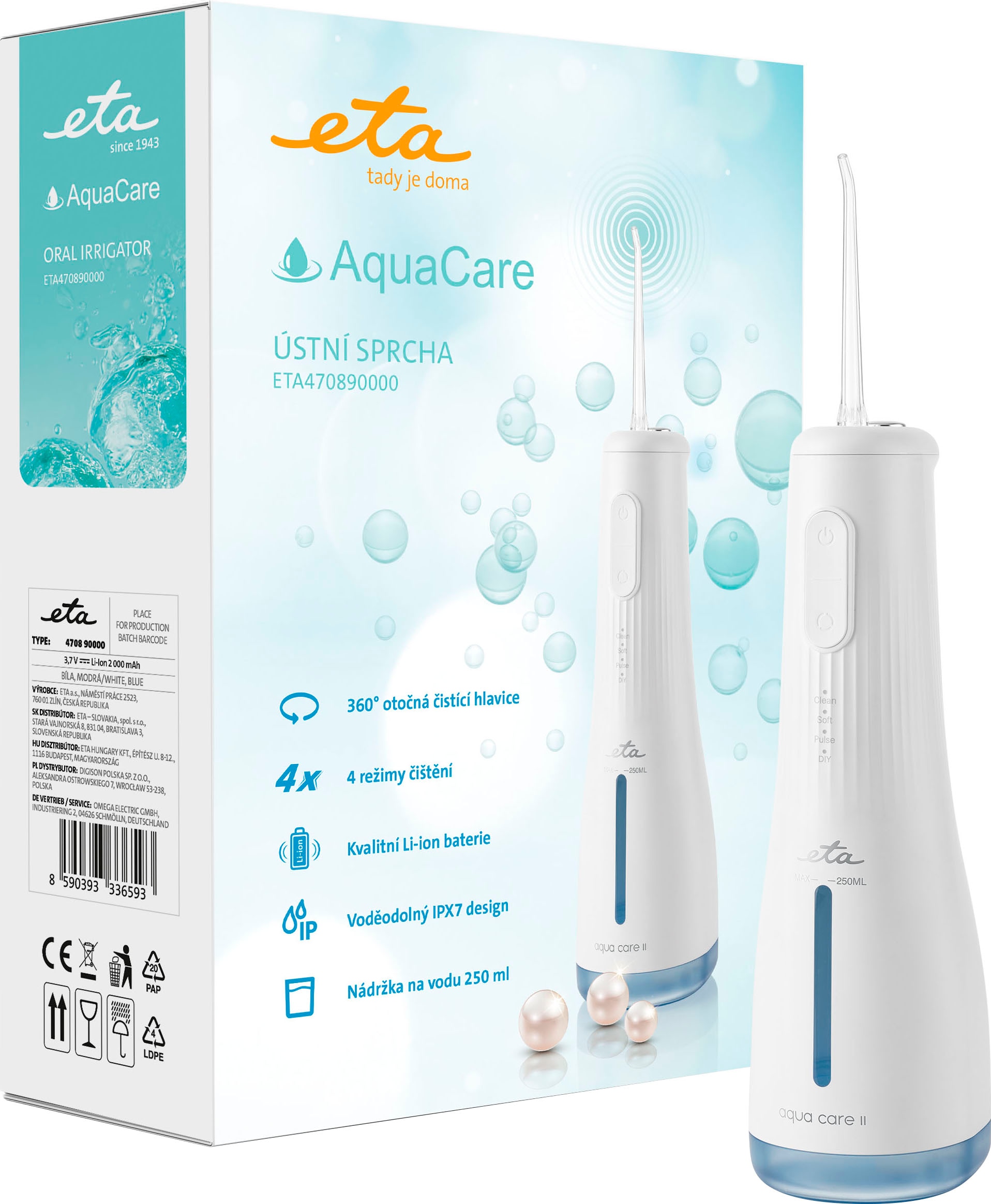 Image of eta Zwischenraumreiniger "Aqua Care II ETA470890000" 2 Stk. Aufsteckbürsten Munddusche für Zuhause, 4 Reinigungsmodi, Li-Ionen Akku