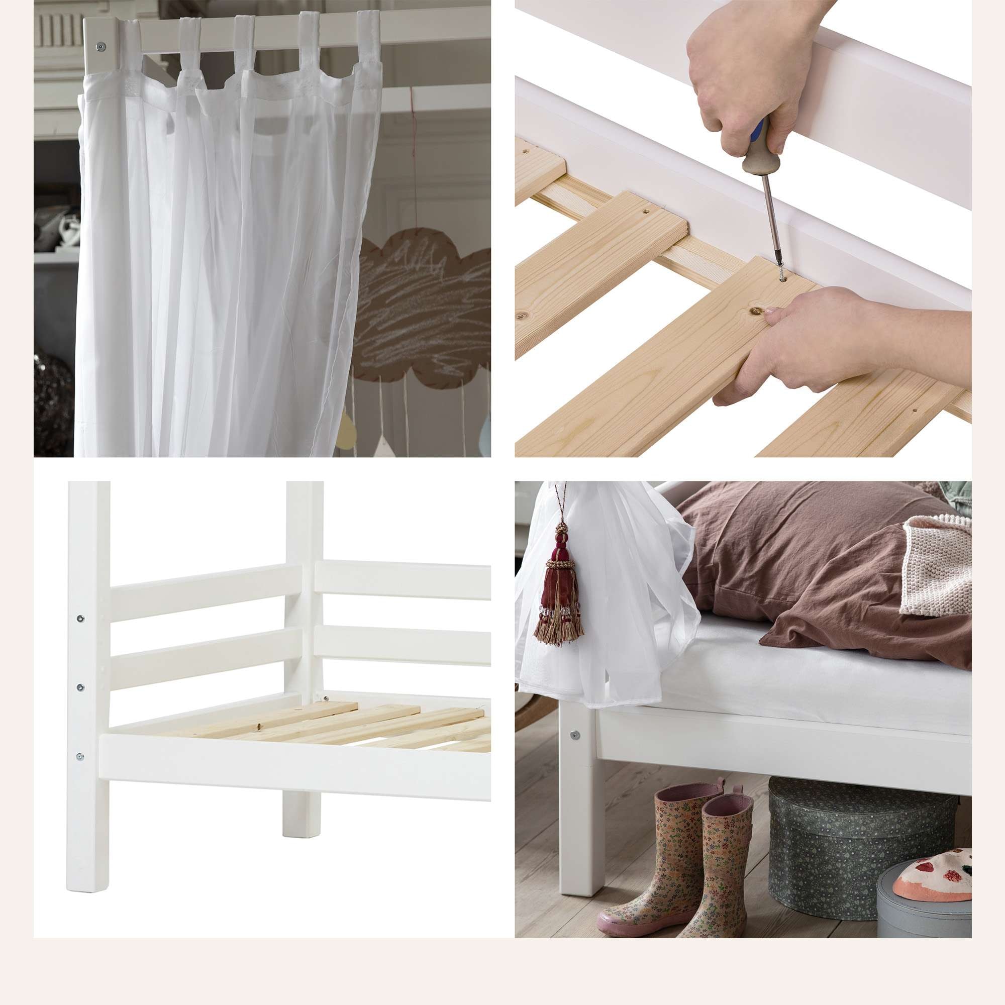 Hoppekids Himmelbett »ECO Dream Kinder/ Prinzessinnenbett 90x200cm, H= 182 cm, Kiefer massiv«, wahlweise mit Gästebett oder Schubkästen