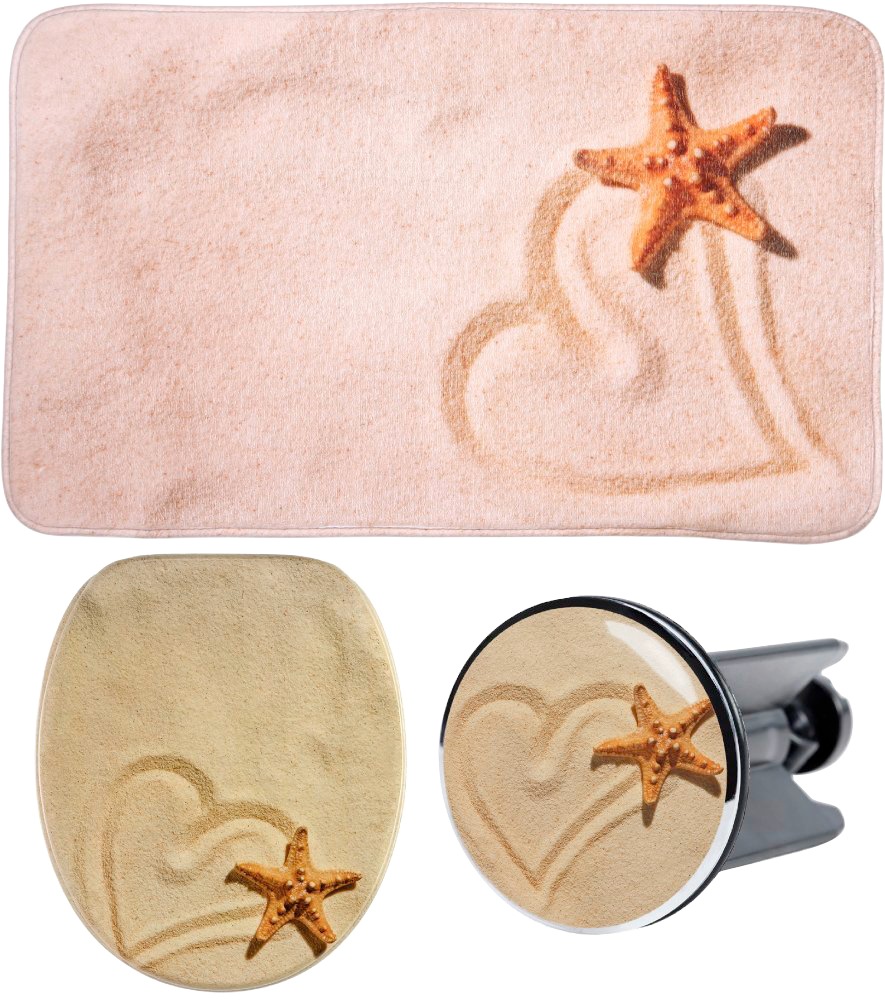 Image of Sanilo Badaccessoire-Set "Sandy" bestehend aus WC-Sitz, Badteppich und Waschbeckenstöpsel