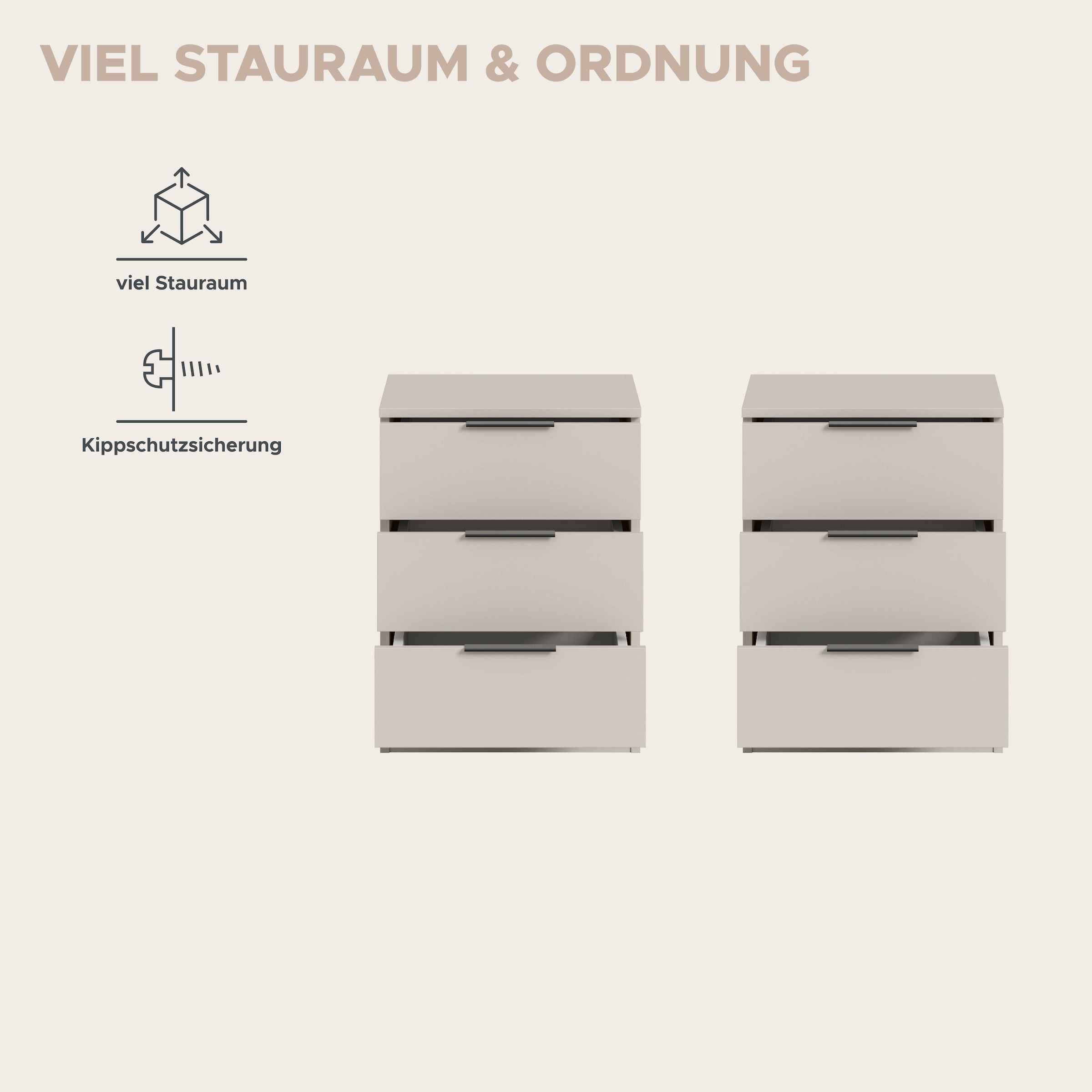 Home affaire Table de nuit »Skarde 2 Nachttische, jeweils Breite: 45 cm« Set, Sie bekommen 2  Nachttische im Set, 2 cuis tlg. Skarde, 2er Set Nachtkommoden, 3 Schubkästen, kashmir