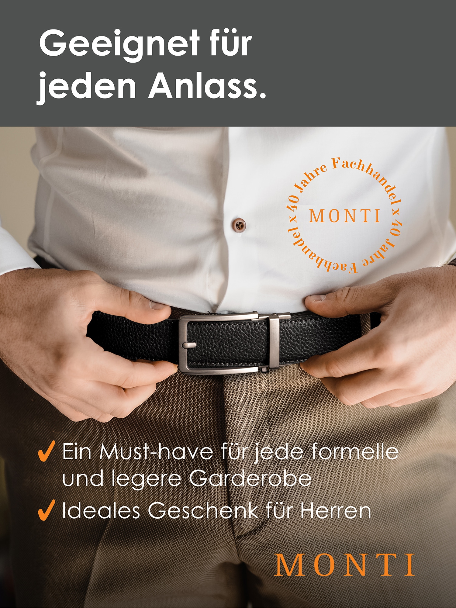 MONTI Ledergürtel, 3,5 cm breit, Klassisch-Business, Automatikschliesse - Passt immer