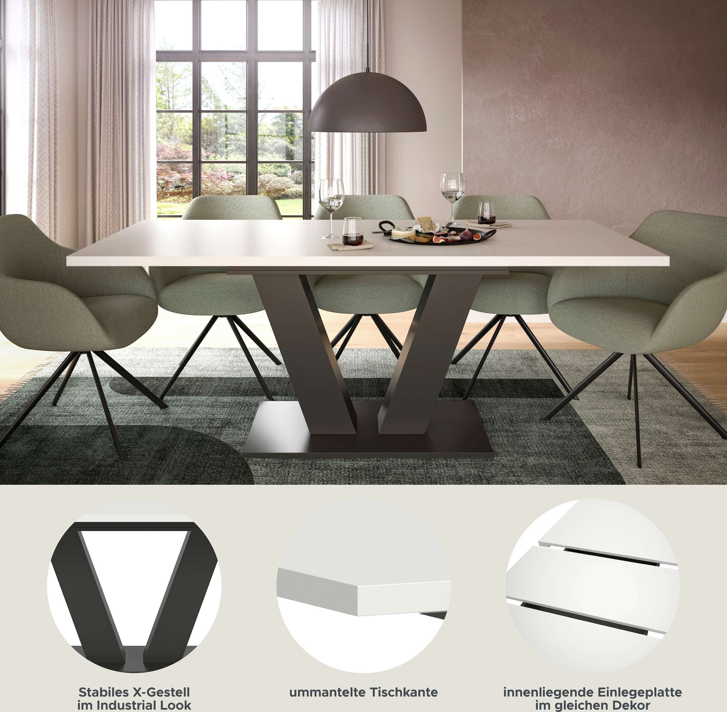 INOSIGN Esstisch »Motus, ausziehbar 150 -190 cm, inklusive 40 cm Einlegeplatte«, (Set, 1 St.), V-Gestell mit Bodenplatte, Tisch, Küchentisch, Esszimmer, Küche